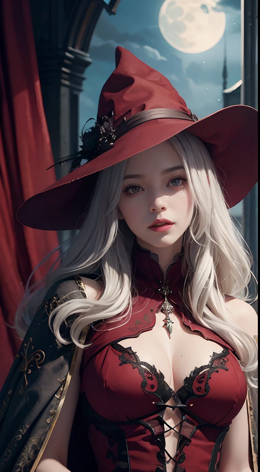 (Numerous award-winning masterpieces of,With incredible details、textures and maximum detail)、(Ultra photo realsisim:1.4)、(realisticlying:1.3)、(Full-body image:1.7)、(up of the upper body:0.3)、((medieval world))、(best quality real texture skin)、(Five perfectly beautiful fingers:1.8)、(Beautiful vampire senior wizard:1.7)、(Two thick and long、Sharp vampire teeth protrude from his lips:1.7)、(Wears a wizard's dark red hat: 1.6)、(A dark red cloak with elaborate ornamentation:1.6)、(A dark red cloak with elaborate ornamentation,Although it has been damaged and faded:1.5)、(Fine true circle symmetrical eyes)、(Exquisite details and beautiful faces:1.6)、(The image of aesthetics and decadent atmosphere:1.6)、(Fair but beautiful skin and face:1.6)、(Wear many decadent and delicate dark red accessories:1.8)、(A high-level vampire wizard who unleashes magic from your fingertips: 1.3)、(A powerful glowing magic array:1.3)、(Bioluminescent bright red eyes:1.7)、(Fallen beauty:1.6)、(A pair of red eyes that glow intensely red from within:1.7)、(Elegant and luxurious accessories:1.8)、(Skin exposure is less:1.5)、(Intense moonlight coming in from the outside:1.7)、((Dramatic photos))、((cinematric light))、(full-body portraits:1.7)、(Ao olhar para cima)、 (looking down below),(dramatic pose),(Smoke effects and mesmerizing light:1.4),beautiful white hair,Beautiful silver hair,beautiful blonde hair,Wind effect,(Drifting purple smoke:1.3),The ruins of an old castle,The Royal Catacombs,(Witch messy room:1.6),((Dark night,Full moon night,The night of the new moon)),epic realistic,faded,((com cores neutras)),Artistically,(HDR:1.5),(pastel colour:1.2), hyper-detailing,(Art Station:1.5),cinematic ligh,warm lights,Efeito de Luz,dramatic lights,(Complicated details:1.1),the complex background,(Greg rutkowski:0.8),(Teal and orange:0.4),Dark red cloak,Wears a wizard's dark red hat