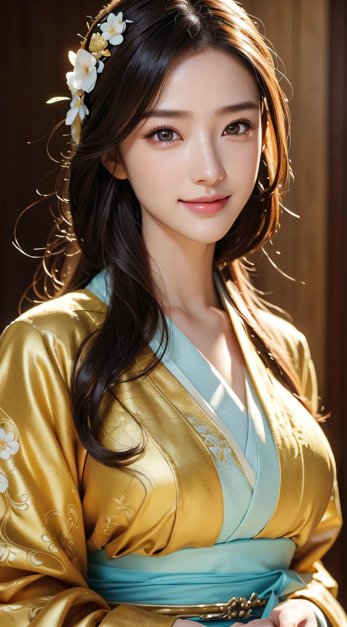 Beautiful woman in kimono,8K,Beautiful detailed eyes,dingdall effect、masterpiece, top-quality, hightquality, hight resolution、hyperdetailed photo、(natural skin textures、Detailed skin、Hyper-Realism、ultra sharpness)、High definition skin、(ighly detailed、detailed skin textures、intricate detailes、beautiful countenance、(lifelike face)、realisticeyes、beatiful detailed eyes、real looking skin、Beautiful skins、A hyper-realistic、ighly detailed、the golden ratio、With smiling eyes
