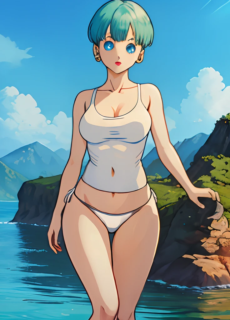 masterpiece, best quality, highest quality, (perfect illumination:1.4), (photorealistic), perfect anatomy, perfect face, perfect eyes, aqua hair, short hair,  blue eyes, earrings,(white panties:1.5)