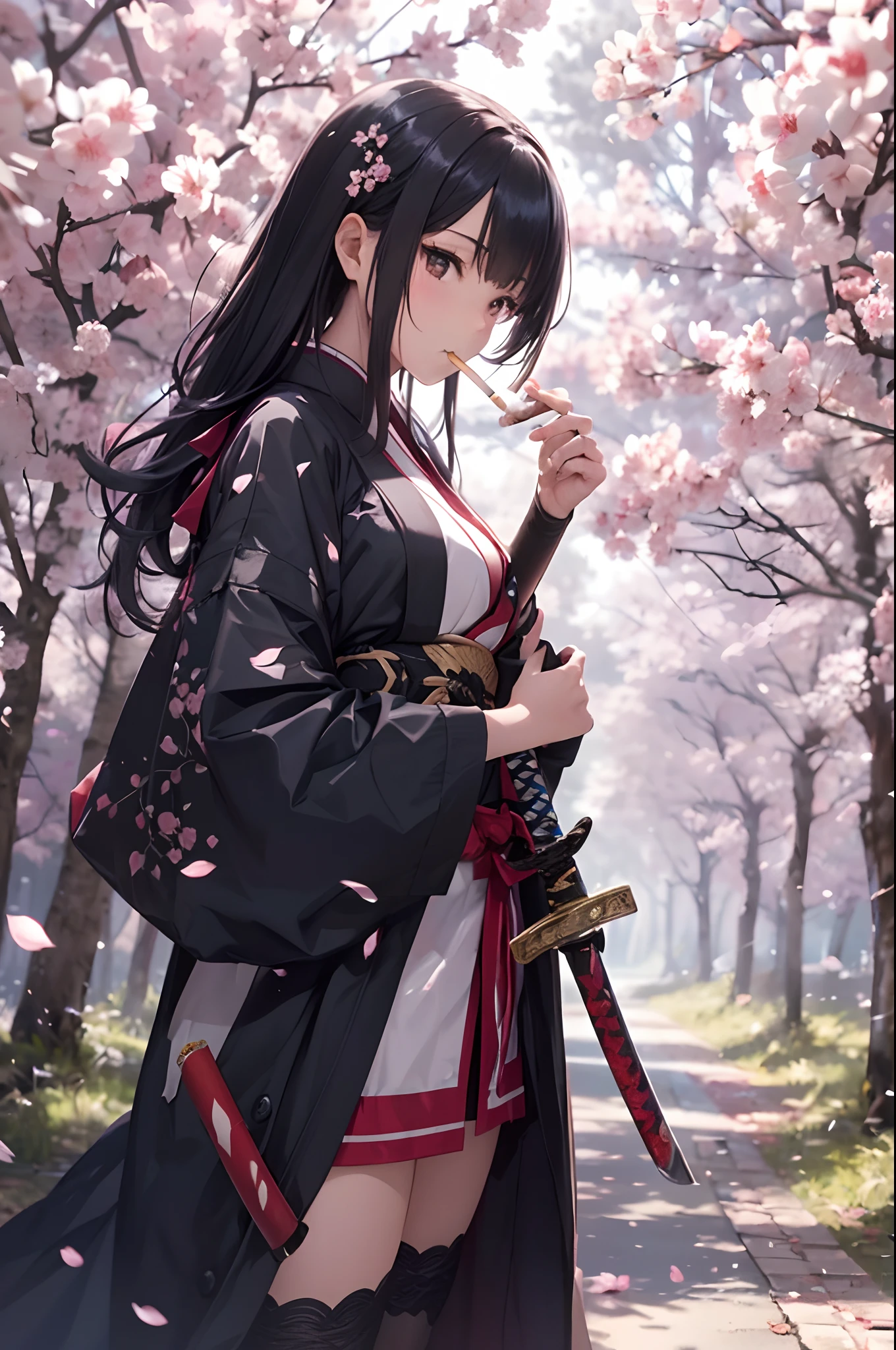 A woman in a long coat runs through the forest with a sword, 1girl in, Solo, Samurai、(((Put a cigarette in your mouth)))ru、arma, Moon, Sword, Komono, thighs thighs thighs thighs, architecture, Black hair, cherryblossom、temple