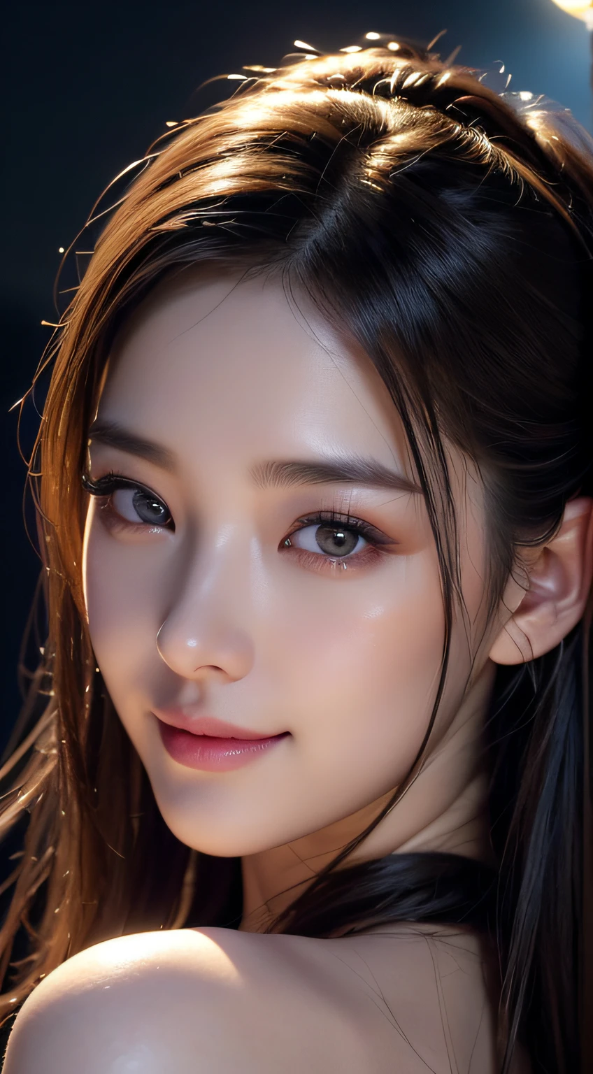 Beautiful woman in kimono,Body Portrait、8K,Eyes in Beautiful Details,dingdall effect、masterpiece, top-quality, hightquality, hight resolution、hyperdetailed photo、(natural skin textures、Detailed skin、Hyper-Realism、ultra sharpness)、high-detail skin、(ighly detailed、detailed skin textures、intricate detailes、beautiful countenance、(Lifelike face)、realisticeyes、beatiful detailed eyes、real looking skin、Beautiful skins、A hyper-realistic、ighly detailed、the golden ratio、With smiling eyes、((Moonlight background at night))、Body Portrait