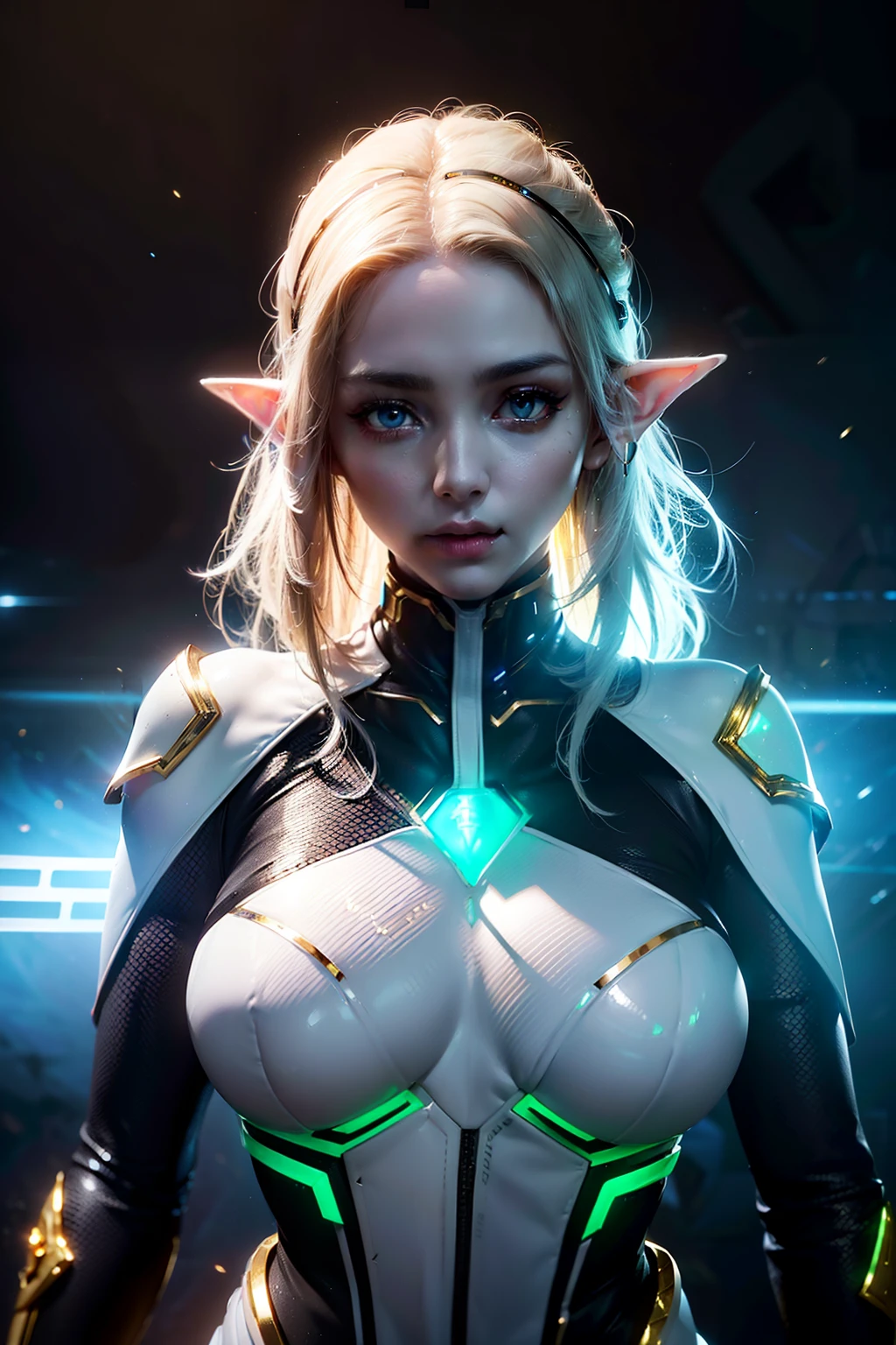 Elf, intricate perfect beauty face, detailed sharp glowing eyes, detailed face, (((from face to the waist))), (((beauty shape))), ((in realistic white neon-lit sci-fi mech plugsuit costume)), masterpiece, 4k, UHD (((wearing golden gauntlet with hyper realistic and detailed black))) (((aethereal aesthetic)))