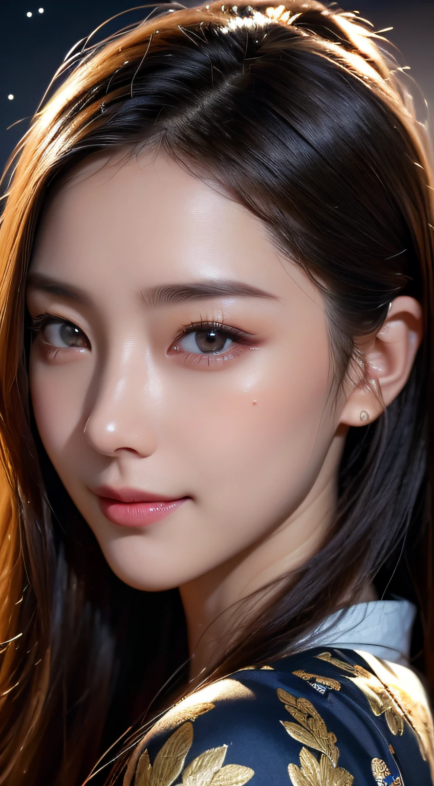 Beautiful woman in kimono,Body Portrait、8K,Eyes in Beautiful Details,dingdall effect、masterpiece, top-quality, hightquality, hight resolution、hyperdetailed photo、(natural skin textures、Detailed skin、Hyper-Realism、ultra sharpness)、high-detail skin、(ighly detailed、detailed skin textures、intricate detailes、beautiful countenance、(Lifelike face)、realisticeyes、beatiful detailed eyes、real looking skin、Beautiful skins、A hyper-realistic、ighly detailed、the golden ratio、With smiling eyes、((Moonlight background at night))、Body Portrait
