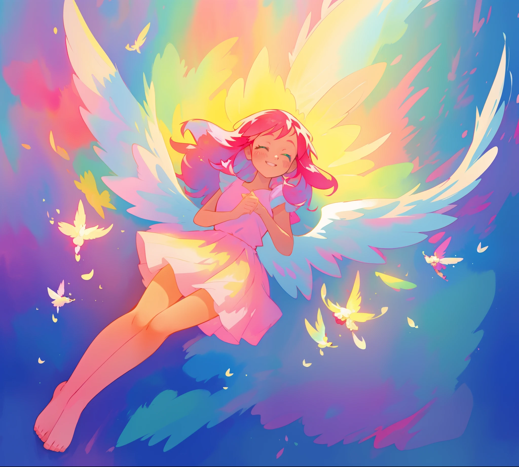 beautiful angel girl in shimmering pink long puffy dress, ((colorful angel wings)), ((colorful)), puffy swhimmering sparkling skirt, barefoot, colorful pastel angel feathers, (angel feathers), vibrant pastel colors, long flowing red hair, colorful fantasia background, watercolor illustration, disney art style, beautiful digital illustration, beautiful, masterpiece, best quality, anime disney style, beautiful face
