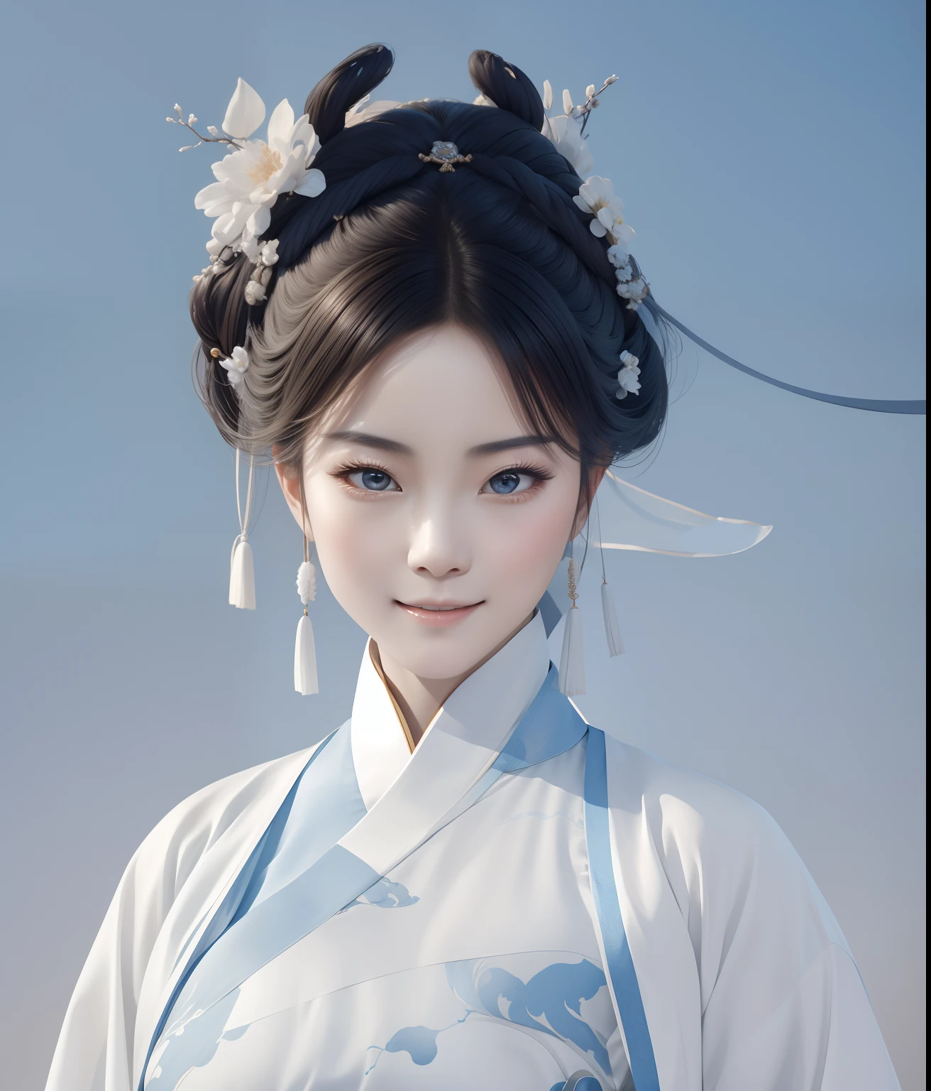 Close-up of a woman in a white and blue dress, Palace ， A girl in Hanfu, White Hanfu, Wearing ancient Chinese clothes, ancient chinese beauti, Hanfu, Chinese girl, Traditional Chinese clothing, Chinese woman, Chinese traditional, Traditional beauty, with acient chinese clothes, Beautiful character painting, Princesa chinesa antiga, Chinese style, Xianxia