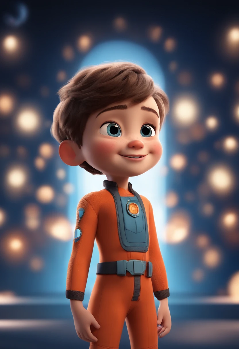 a happy cute kid standing short hair, vestindo uma fantasia espacial, , fundo branco, barnet, toon, estilo pixar, 3d, desenhos animados, rosto detalhado, asymmetrical 16k