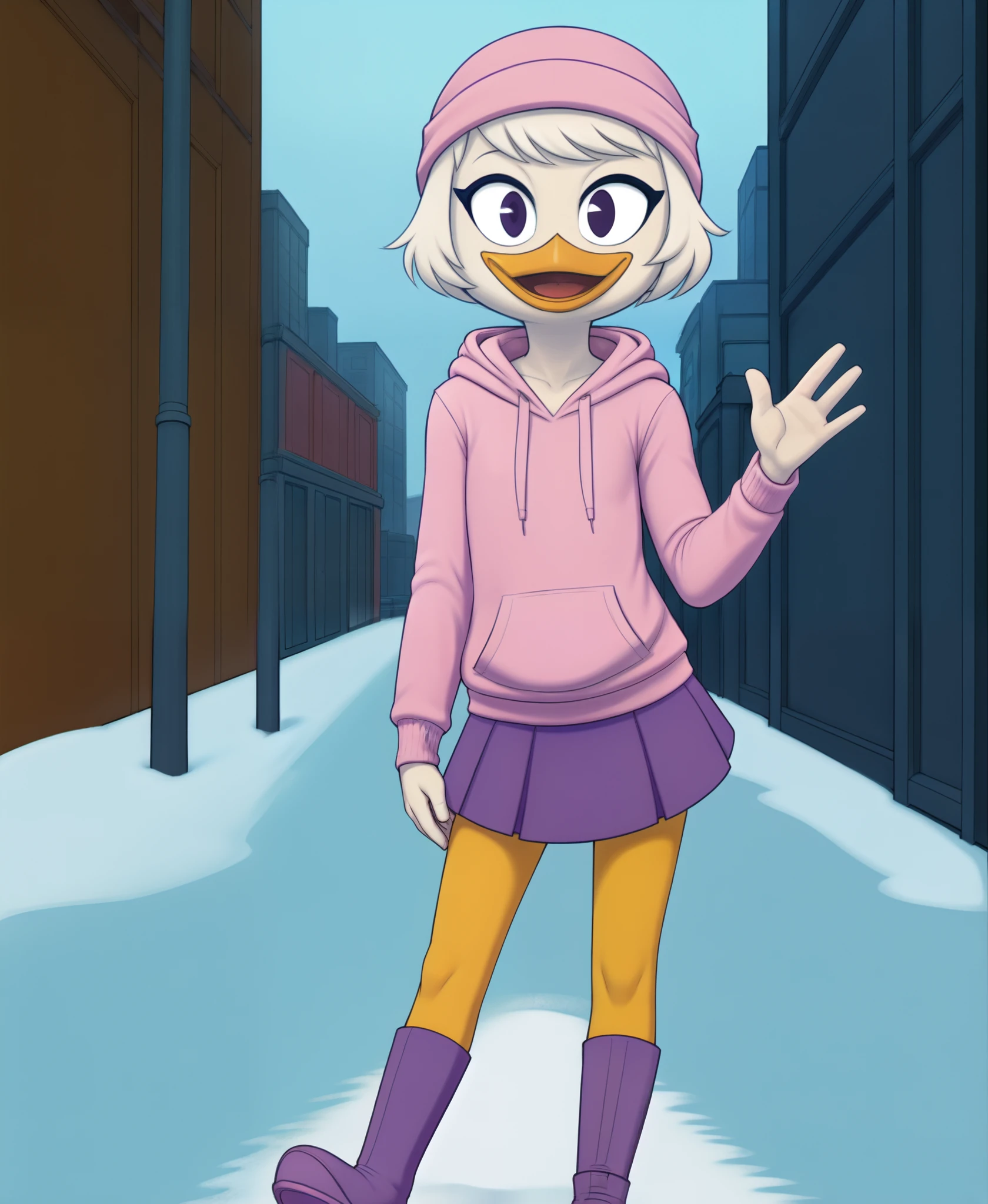 (by drockdraw:1.2) (by chelodoy:1) (by ashraely:1) webby vanderquack, white skin, white hair, orange legs:1.2, beak, ducktales, scut tail, webbed feet, short hair, (pink hoodie, purple skirt:1.3) (pink beanie:1.1) (pink boots:1.2) waving at viewer, mouth open, clothed, webbed feet, black eyes, full-length portrait, eyeliner, smile, white body, young, standing, looking at viewer (outside, snow, city background, city, sidewalk, street, car:1.1)