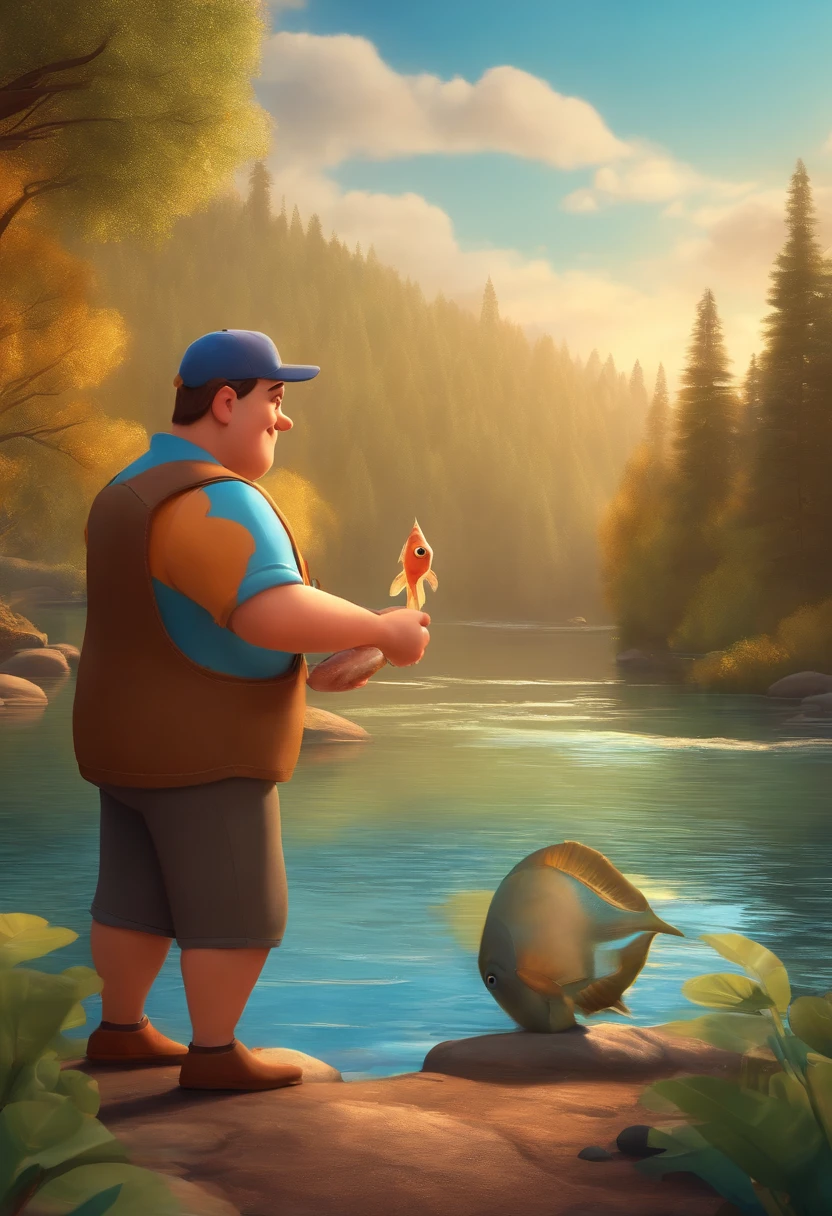 Image of a man for a story in a YouTube video in Pixar format, He's fat and holds a fish in his hand with a river in the background