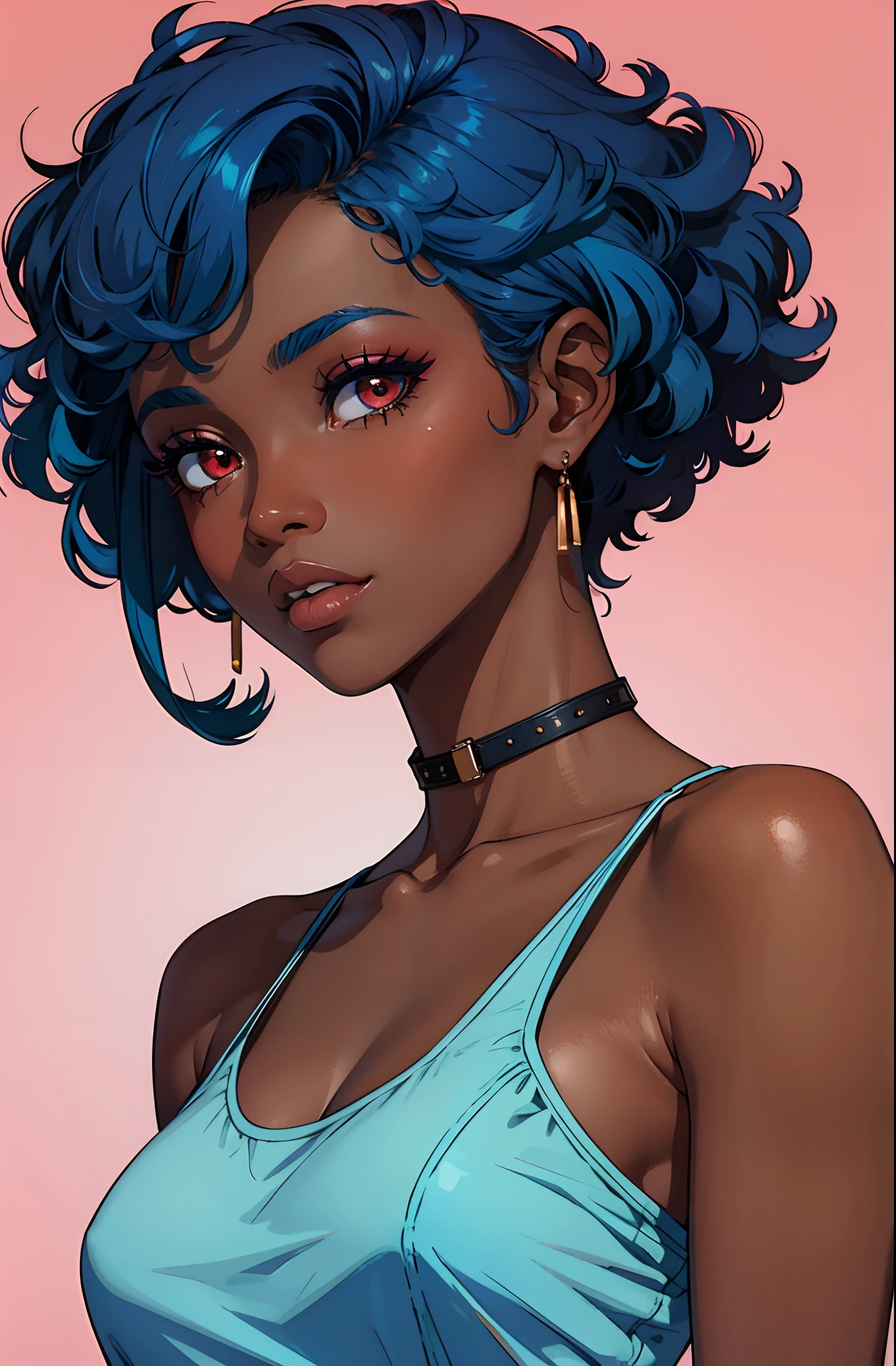 Create a character, inspired by Disney Pixar films..: curls Dark skin Loose curly hair Blue eyes Dark blue sweater Dark blue background with a bright hot pink hue,Big tits and nipples. from the chest, drool from mouth, Fucked doggy style, all wet. in mucus, губы in mucus