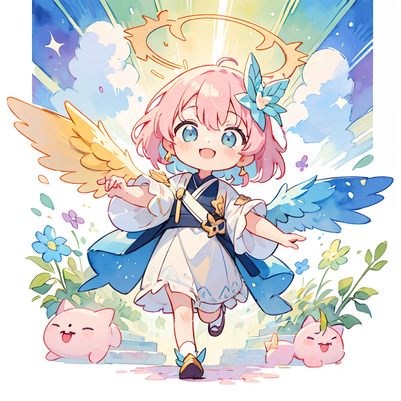 (PastelColors:1.3)、(Cute illustration:1.3)、(watercolor paiting:1.1)、
Detailed background、1girl in、Charming smile、Beautifully detailed、Moya、colourfull、marble、Particles of light、patterns、
Detailed drawing、Vibrant colors、striking contrast、intricate detailes、Delicate depiction、Luminescent、full body Esbian、
Beautiful facial features、Brightly colored eyes、Wearing intricate and delicate ornaments、glowing aura、Radiant hair、Girl running up stairs in clouds in winged shoes
