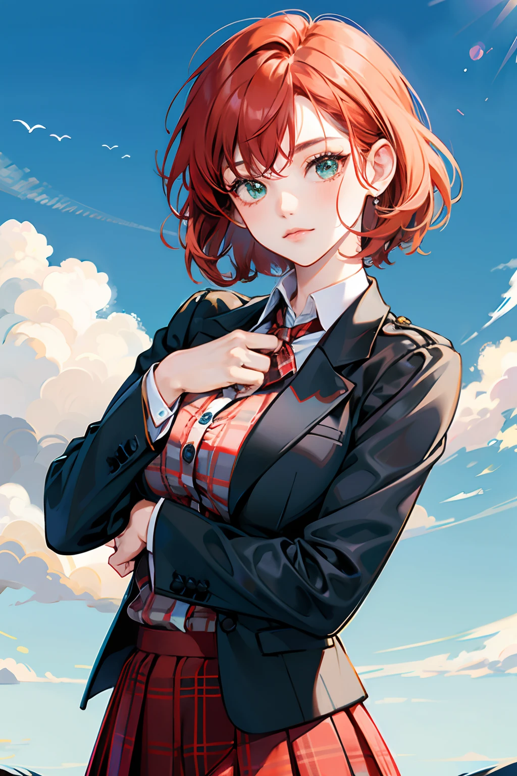 red short hair,Green eyes,Black Blazer School Uniform,Light blue ribbon at chest,Red plaid skirt,,A faint smile,big breasts,Blue sky background,