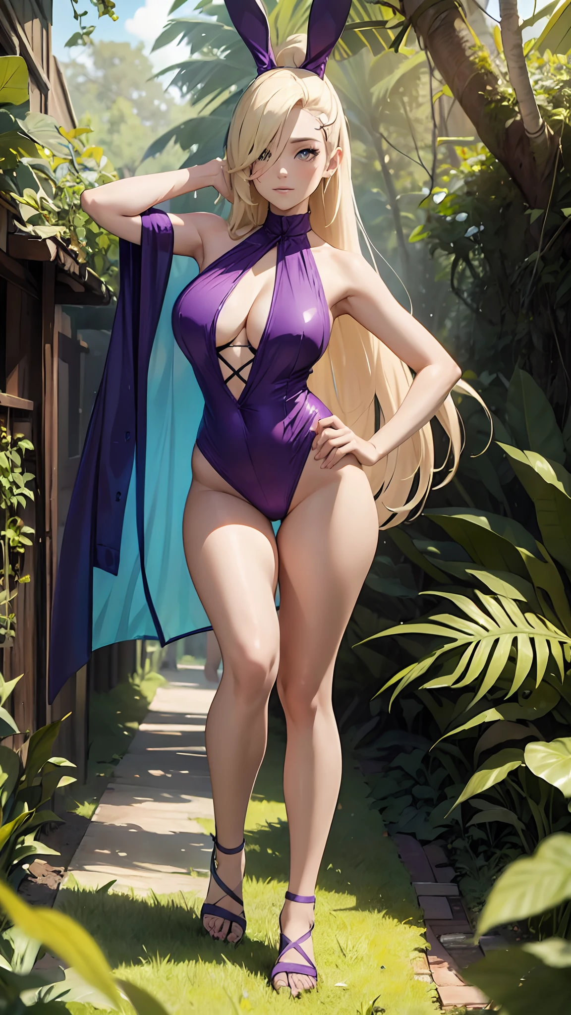 Ino yamanaka, (best quality, highres:1.2), ultra-detailed, realistic, portraits, vibrant colors, forest vibes, golden hour lighting, bikini, stunning curves, soft grass, refreshing waves, tropical paradise, exotic foliage, summer breeze, seductive expression , sexually suggestive, Seductive posing, full body, thighs, legs, cute feet , large breasts, long silky blonde hair , bunny ears ware purple bunny suit