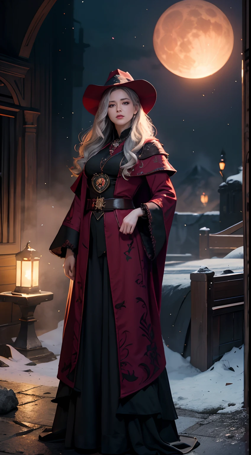 (Numerous award-winning masterpieces of,With incredible details、textures and maximum detail)、Vista full body photo,(Hyper-photorealism:1.4)、(fidelity:1.3)、(Full-body image:1.7)、(Full body photo of the vista:1)、((medieval world))、(best quality real texture skin)、(Five perfectly beautiful fingers:1.8)、(Beautiful vampire senior wizard:1.7)、(Two are thick and long、Sharp vampire teeth protrude from his lips:1.7)、(Wears a wizard's dark red hat:1.6)、(A dark red cloak with elaborate ornamentation:1.6)、(An intricately carved decoration of a crimson cloak,Although it has been damaged and faded:1.5)、(Delicate true circle symmetrical eyes)、(Exquisite details and beautiful face:1.6)、(aesthetic and decadent atmospheric image:1.6)、(Fair but beautiful skin and face:1.6)、(Wear many decadent and delicate dark red jewelry:1.8)、(A high-level vampire wizard who unleashes magic from your fingertips:1.3)、(Powerful glowing magic array:1.3)、(Bioluminescent bright red eyes:1.7)、(Fallen beauty:1.6)、(A pair of glowing red eyes with intense red everywhere from the inside:1.7)、(Elegant and luxurious accessories:1.8)、(Skin exposure is less:1.5)、(Intense moonlight coming in from the outside:1.7)、((Dramatic photos))、((Movie light))、(Full-length portrait in the distance:1.7)、(Ao olhar para cima)、(looking-down)、(Dramatic pose)、(Smoke effects and mesmerizing light:1.4)、beautiful white hair,Beautiful silver hair,beautiful blonde hair,Wind effect,(Drifting purple smoke:1.3),The ruins of an old castle,The Royal Catacombs,(Witch messy room:1.6),((nigth,Full moon night,Crescent night)),epic realistic,faded,((com cores neutras)),art on,(HDR:1.5),(pastelcolor:1.2),hyper-detailing,(art stations:1.5),Cinematic lighting,warmly lit,Efeito de Luz,dramatic lights,(Complicated details:1.1),the complex background,(Greg rutkowski:0.8),(Teal and orange:0.4),Crimson cloak,Wears a wizard's crimson hat,Vista full body photo