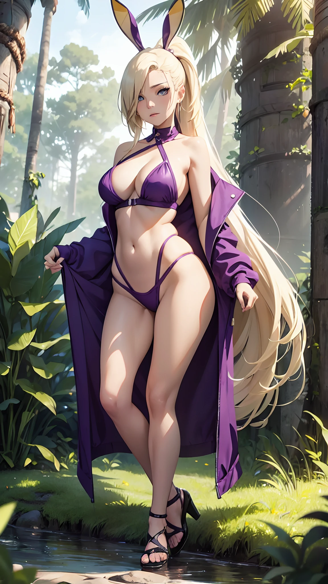 Ino yamanaka, (best quality, highres:1.2), ultra-detailed, realistic, portraits, vibrant colors, forest vibes, golden hour lighting, bikini, stunning curves, soft grass, refreshing waves, tropical paradise, exotic foliage, summer breeze, seductive expression , sexually suggestive, Seductive posing, full body, thighs, legs, cute feet , large breasts, long silky blonde hair , bunny ears ware purple bunny suit