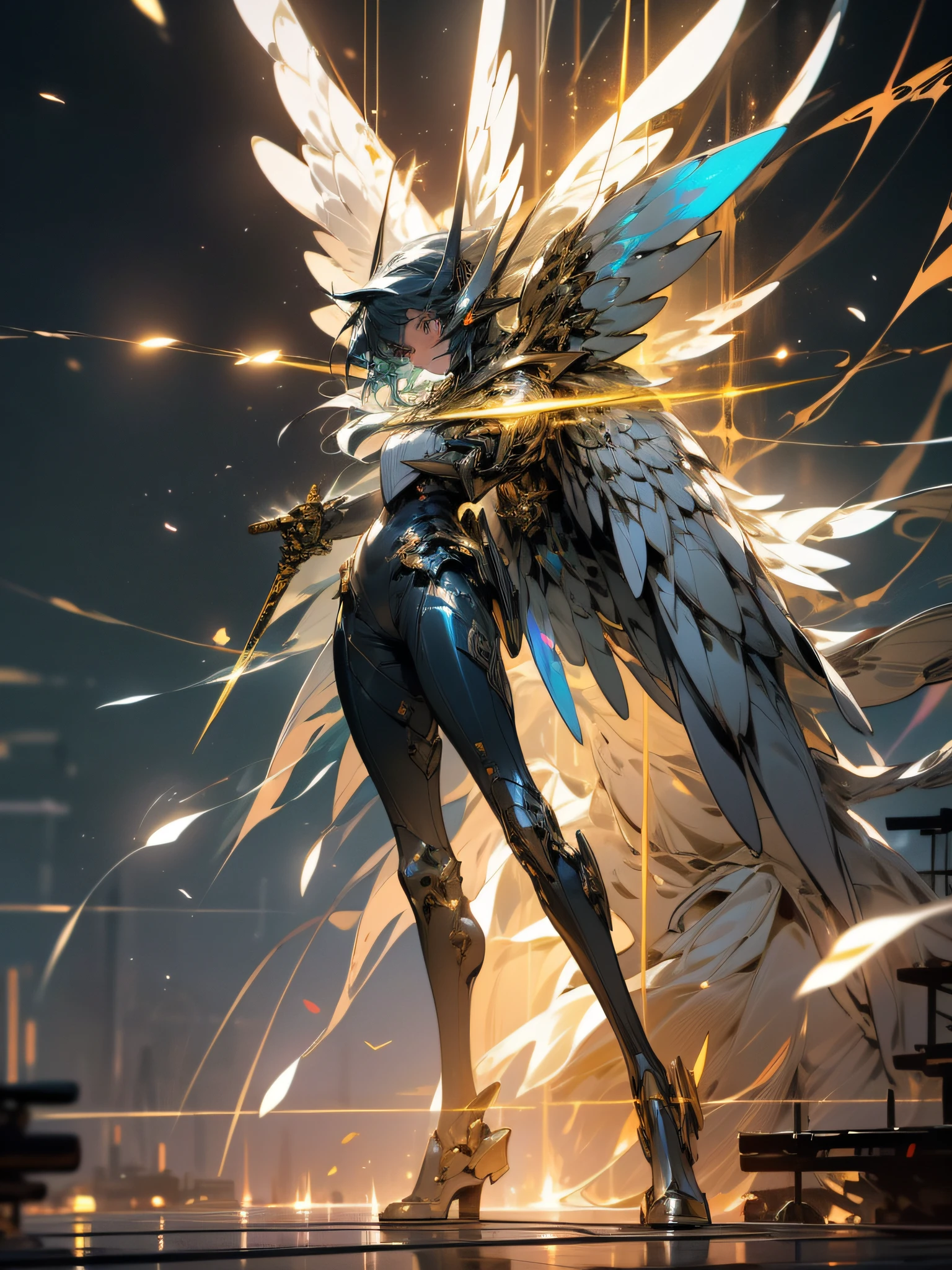 A powerful and potent MECH, two-color neon luminous eyes, open wings, dual swords, exuding its strength, full body, {extremely detailed 16k CG unit wallpaper}, expansive landscape photography, (a low-focus view on character), (wide open field view), (low angle shot), (high light: 1.5), (low light: 1.4), (warm light source: 1.8), complex details, (iridescent colors: 1.6 ), (bright lighting), (atmospheric lighting), Dreamy, Badass, unique