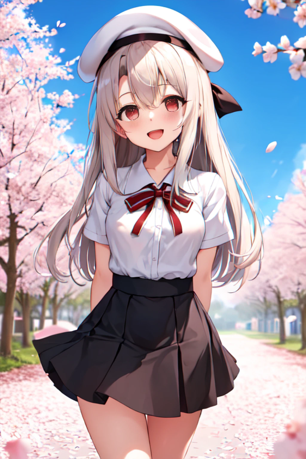 masterpiece, best quality, highres, aaillya, long hair, beret, white headwear, small breasts, school uniform, neck ribbon, white shirt, collared shirt, short sleeves, black skirt, cherry blossoms, arms behind back, outdoors, standing, smile, open mouth, leaning forward,