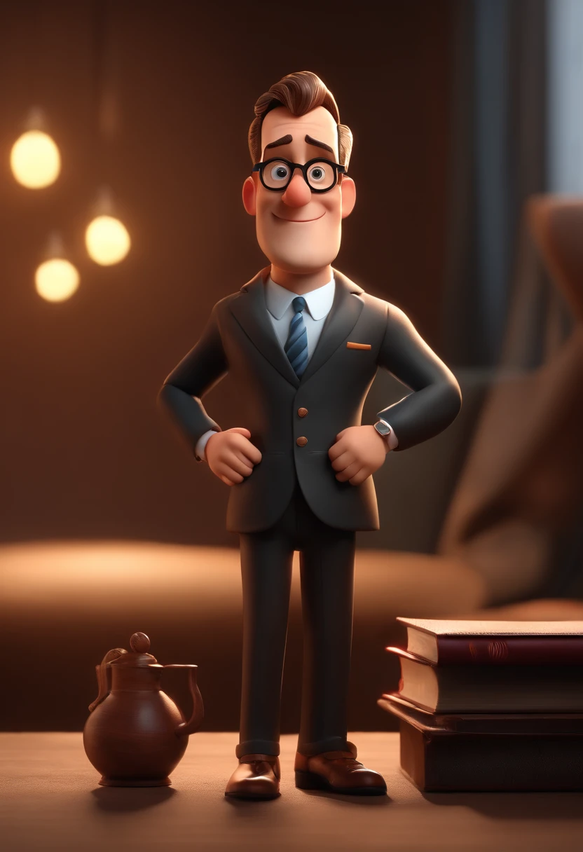 Cartoon character of a lawyer with glasses and suit, animation character, Caractere estilizado, animation style rendering, 3D estilizado, Arnold Maya render, 3 d render stylized, toon render keyshot, Personagem 3D, Personagem 3D, 3d rendering stylized, 3 d character render, personagem de desenho animado, Personagem de close up, Pose de personagem,  (Estilo Pixar) (master part:1.2) (Bokeh) (best quality) (pele detalhada) (textura detalhada) (8k) (argila) (Cinematic lighting) (foco nítido