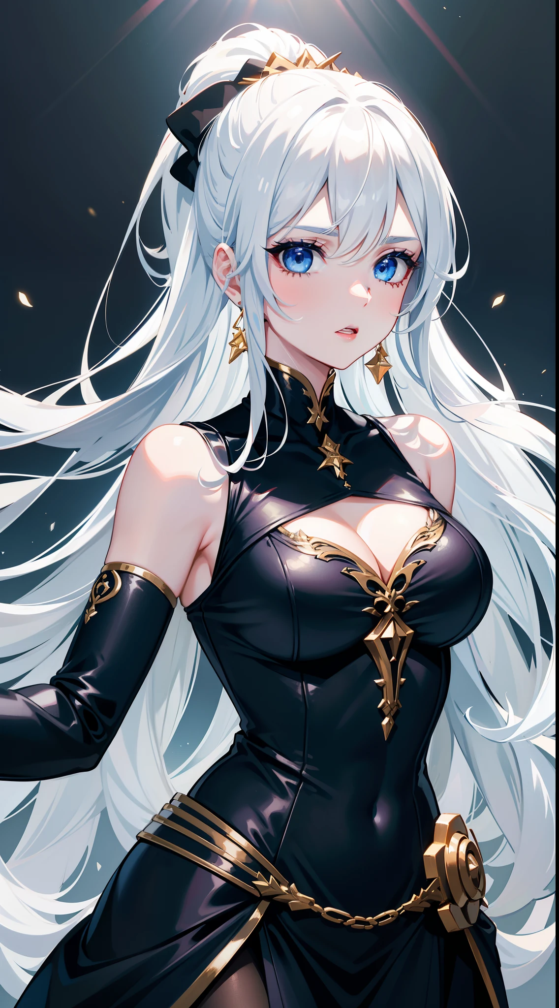 Grown-up girl, Long white hair, high ponytail, blue eyes, blue eye shadow, blue lipstick, black tight dress, Rich dress, Sleeveless, open breasts, Gold Elements, singing, Opera, Masterpiece, hiquality, 4k, HD, Good detail