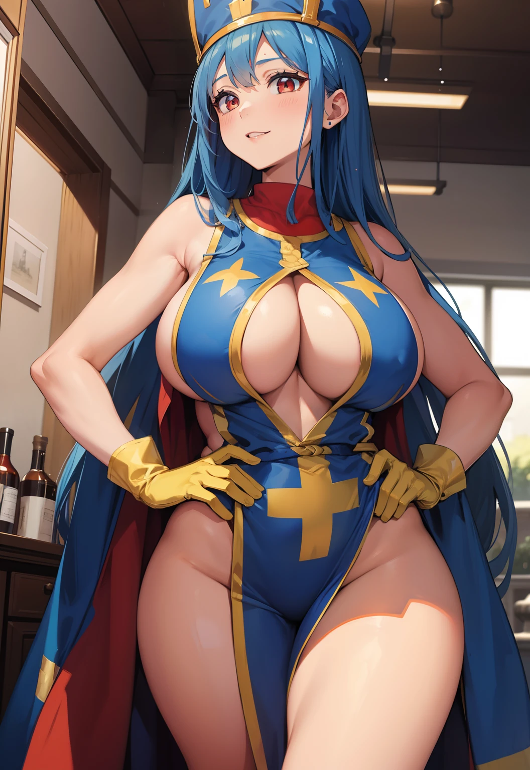 Masterpiece, The best quality,(tmasterpiece,best qualtiy:1.1),curate\(DQ3\),1girll,独奏,long whitr hair,blue hair,red - eyed,French krona,battle robes,Saffiano pattern,gloves on the elbow,huge tit,Holding,Golden Hoop Stick,, female human body whole body, thicc, huge tit, Thin waist and thick legs, Fitness model, ssmile