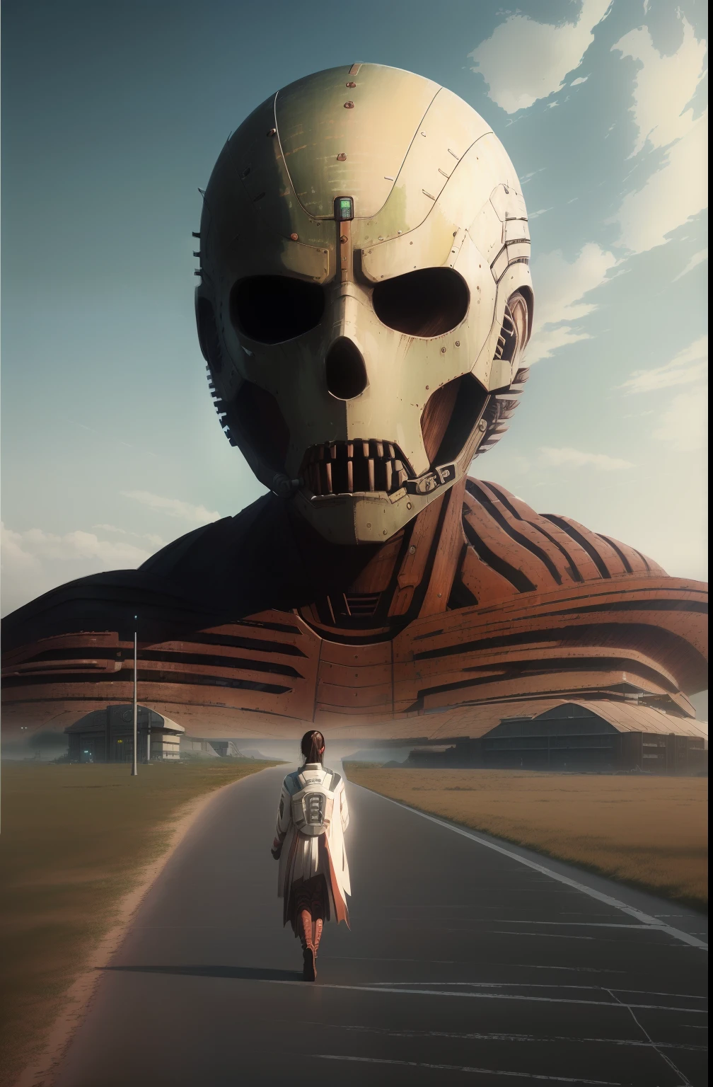 (best quality,highres,ultra-detailed,realistic:1.37),horror surrealism art,dystopian digital art,Tatsuki Maeda-inspired,Beeple and Jean Giraud,photomanipulation,Stephan Kovac-inspired,dystopian art,new theater Kyogen,Attack on Titan,dystopian surrealism,a woman walking towards a giant skull,as a colossal titan.