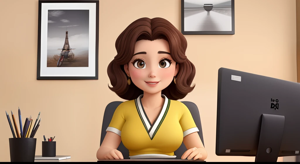 Mulher, advogada, 46 anos, medium dark brown hair, japonesa, Rosto quadrado e sorrindo, olhos castanhos, boca grande e de batom vermelho brincos de argola grande dourada nas orelhas, sitting at an office desk, com quadros decorativos na parede,um pouco gorda.
