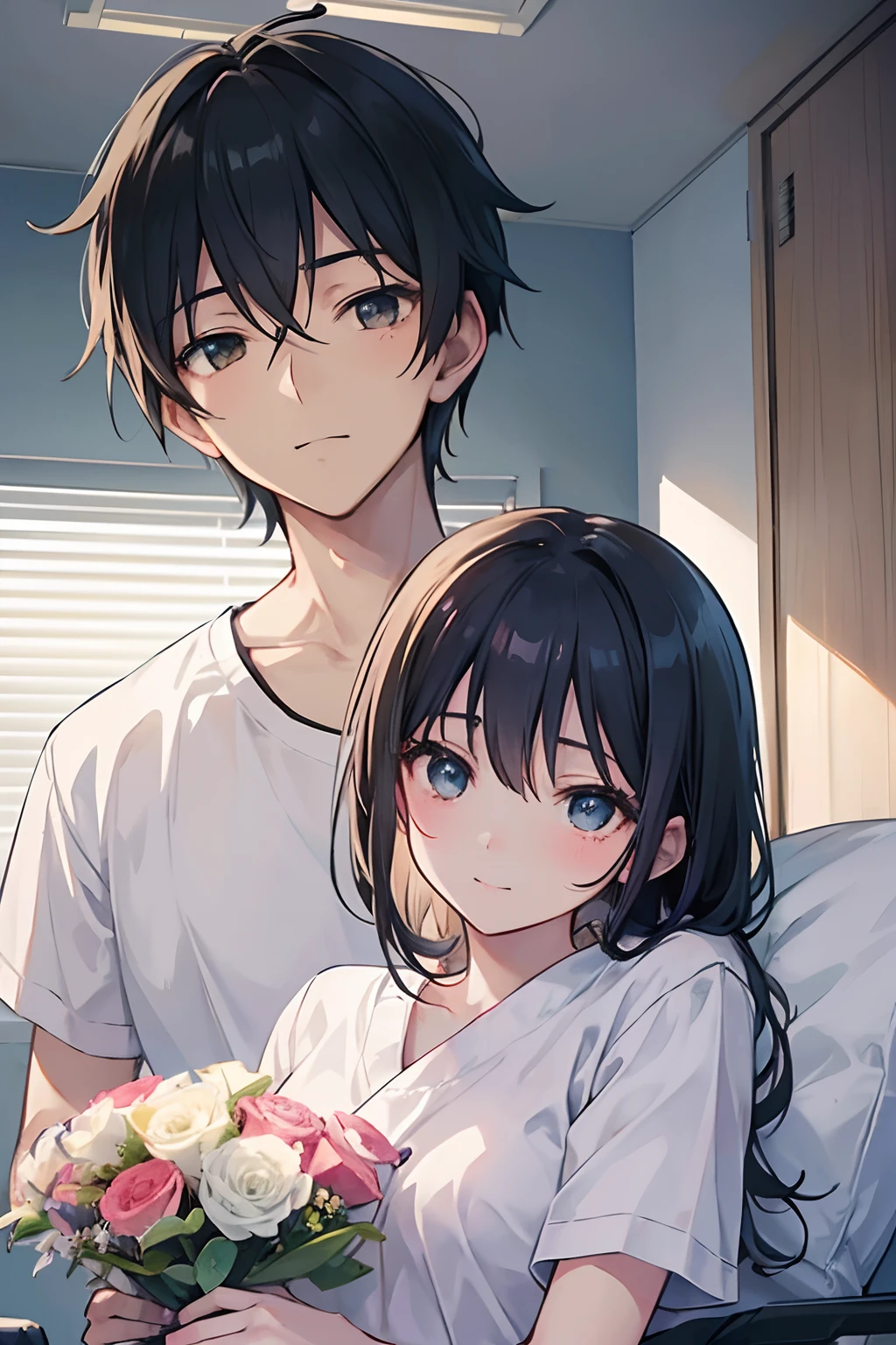 Create exquisite illustrations reminiscent of Makoto Shinkai's style, It has ultra-fine details and top-notch quality. Create an illustration depicting a young girl lying on a hospital bed. Beside her, there is a boy who has come to visit her. The boy stands by the bedside, holding a bouquet of flowers meant for the girl. Both the boy and the girl are smiling, radiating a sense of warmth and happiness despite the hospital setting. The atmosphere should be nostalgic, evoking a sense of fond memories and heartfelt connection between the two characters. Capture the emotions and expressions in a heartwarming and genuine manner