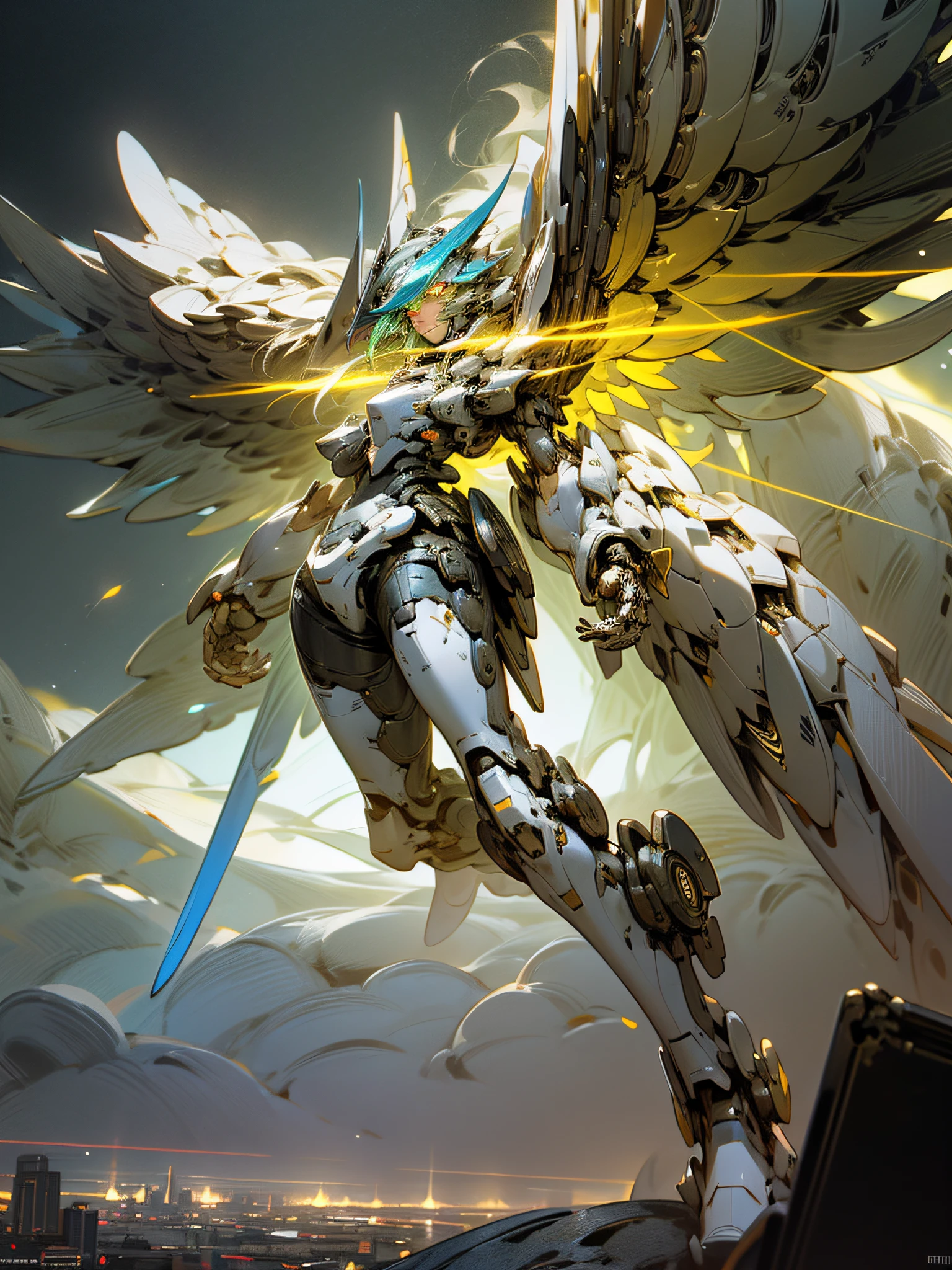 A powerful and potent MECH, two-color neon luminous eyes, MECH wings open, dual swords, exuding its strength, full body, {extremely detailed 16k CG unit wallpaper}, expansive landscape photography, (a view from below with focus on character), (wide open field view), (low angle shot), (high light: 1.5), (low light: 1.4), (warm light source: 1.8), complex details, (iridescent colors: 1.6), (bright lighting), (atmospheric lighting), Dreamy, Badass, unique