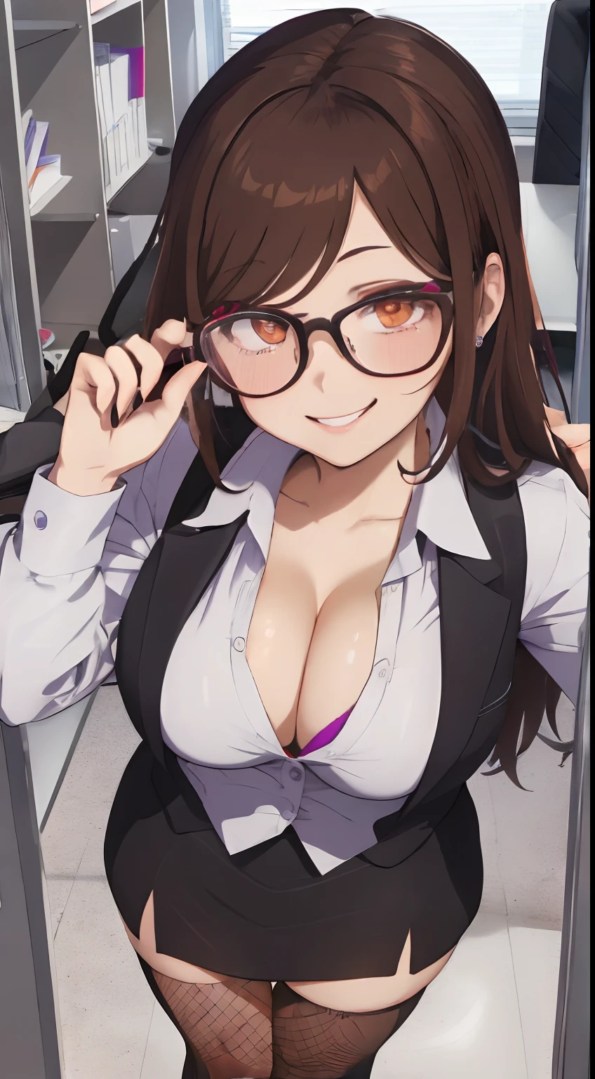 Company Office,There are a lot of papers, Computers and writing utensils around,Sharp woman with glasses,Officelady,Standing with a binder in hand, leaning forward so that you can see the cleavage,Brown hair,Orange Eyes,Black fishnet tights,White and red and purple and black,Reddish cheeks,A smile,Peko-chan