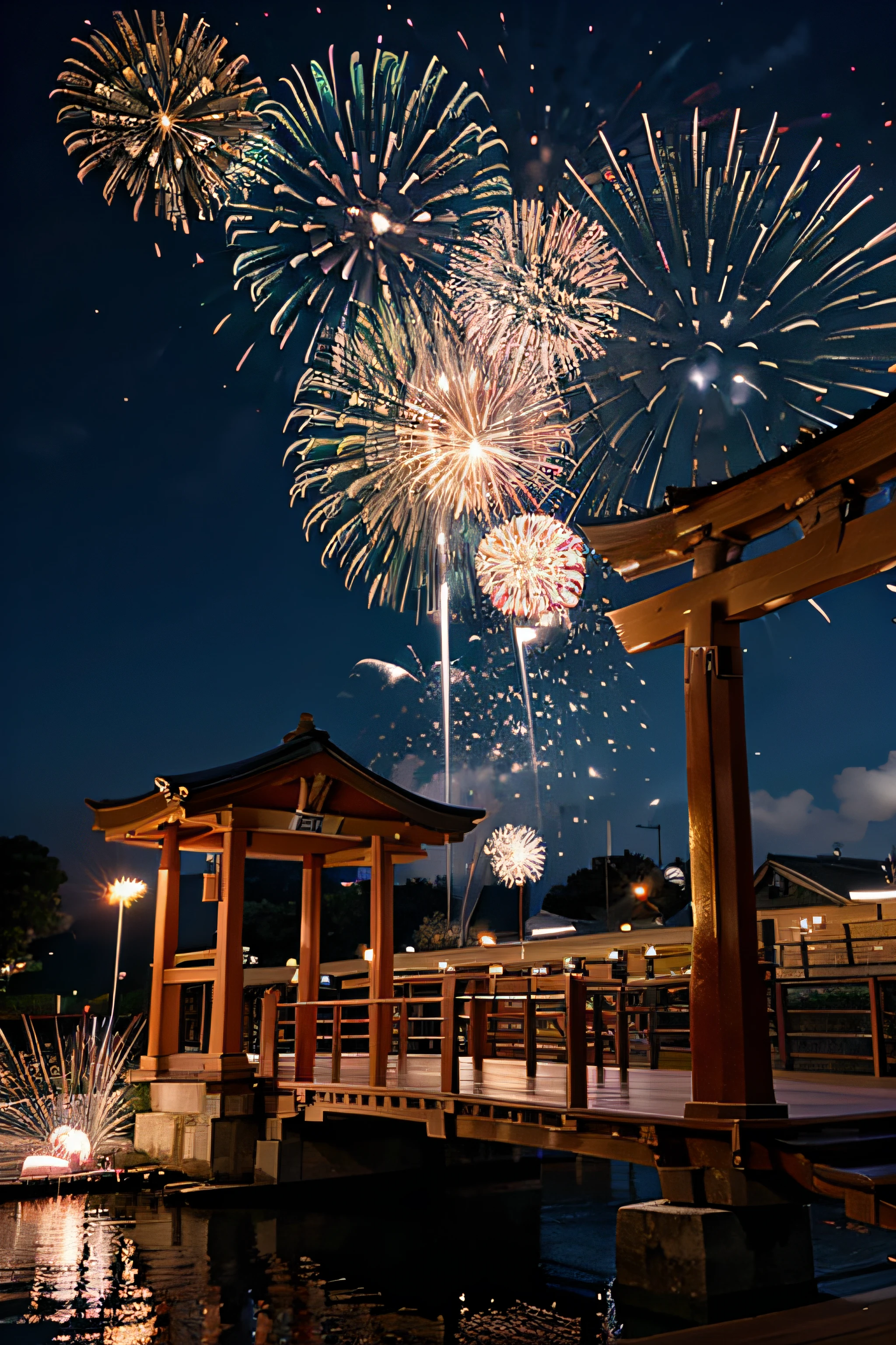 anime, group, torii, fireworks