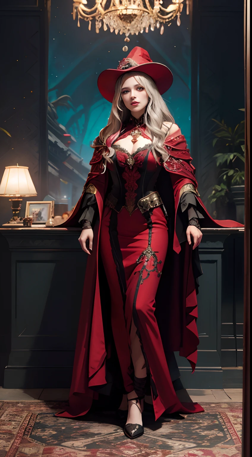 Vista full body photo,(Numerous award-winning masterpieces of,With incredible details、textures and maximum detail)、Vista full body photo,(Hyper-photorealism:1.4)、(fidelity:1.3)、(Full-body image:1.7)、(Full body photo of the vista:1)、((medieval world))、(best quality real texture skin)、(Five perfectly beautiful fingers:1.8)、(Beautiful vampire senior wizard:1.7)、(Two are thick and long、Sharp vampire teeth protrude from his lips:1.7)、(Wears a wizard's dark red hat:1.6)、(A dark red cloak with elaborate ornamentation:1.6)、(An intricately carved decoration of a crimson cloak,Although it has been damaged and faded:1.5)、(Delicate true circle symmetrical eyes)、(Exquisite details and beautiful face:1.6)、(aesthetic and decadent atmospheric image:1.6)、(Fair but beautiful skin and face:1.6)、(Wear many decadent and delicate dark red jewelry:1.8)、(A high-level vampire wizard who unleashes magic from your fingertips:1.3)、(Powerful glowing magic array:1.3)、(Bioluminescent bright red eyes:1.7)、(Fallen beauty:1.6)、(A pair of glowing red eyes with intense red everywhere from the inside:1.7)、(Elegant and luxurious accessories:1.8)、(Skin exposure is less:1.5)、(Intense moonlight coming in from the outside:1.7)、((Dramatic photos))、((Movie light))、(Full-length portrait in the distance:1.7)、(Ao olhar para cima)、(looking-down)、(Dramatic pose)、(Smoke effects and mesmerizing light:1.4)、beautiful white hair,Beautiful silver hair,beautiful blonde hair,Wind effect,(Drifting purple smoke:1.3),The ruins of an old castle,The Royal Catacombs,(Witch messy room:1.6),((nigth,Full moon night,Crescent night)),epic realistic,faded,((com cores neutras)),art on,(HDR:1.5),(pastelcolor:1.2),hyper-detailing,(art stations:1.5),Cinematic lighting,warmly lit,Efeito de Luz,dramatic lights,(Complicated details:1.1),the complex background,(Greg rutkowski:0.8),(Teal and orange:0.4),Crimson cloak,Wears a wizard's crimson hat,Vista full body photo,Vista full body photo,Vista full body photo