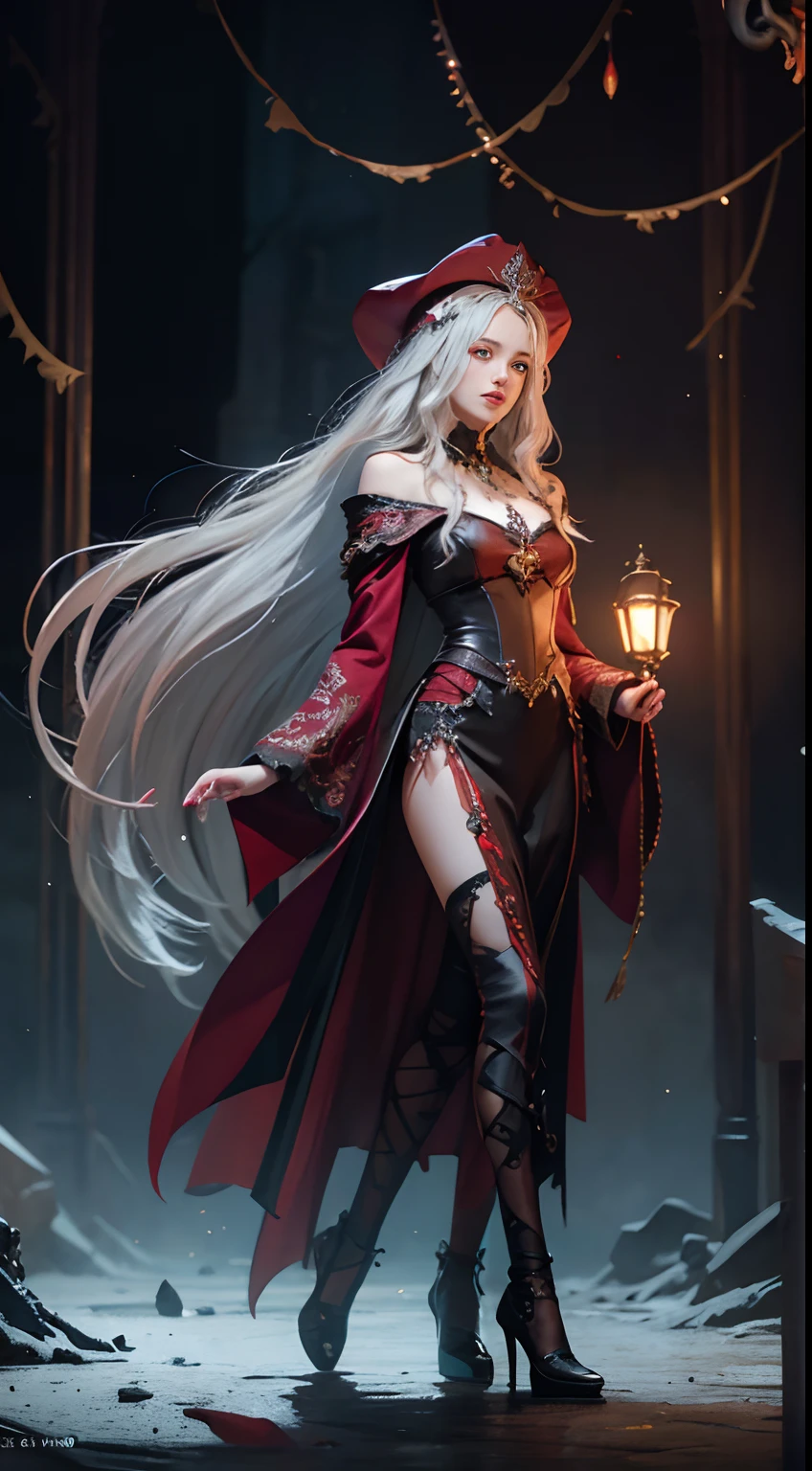 Vista full body photo,(Numerous award-winning masterpieces of,With incredible details、textures and maximum detail)、Vista full body photo,(Hyper-photorealism:1.4)、(fidelity:1.3)、(Full-body image:1.7)、(Full body photo of the vista:1)、((medieval world))、(best quality real texture skin)、(Five perfectly beautiful fingers:1.8)、(Beautiful vampire senior wizard:1.7)、(Two are thick and long、Sharp vampire teeth protrude from his lips:1.7)、(Wears a wizard's dark red hat:1.6)、(A dark red cloak with elaborate ornamentation:1.6)、(An intricately carved decoration of a crimson cloak,Although it has been damaged and faded:1.5)、(Delicate true circle symmetrical eyes)、(Exquisite details and beautiful face:1.6)、(aesthetic and decadent atmospheric image:1.6)、(Fair but beautiful skin and face:1.6)、(Wear many decadent and delicate dark red jewelry:1.8)、(A high-level vampire wizard who unleashes magic from your fingertips:1.3)、(Powerful glowing magic array:1.3)、(Bioluminescent bright red eyes:1.7)、(Fallen beauty:1.6)、(A pair of glowing red eyes with intense red everywhere from the inside:1.7)、(Elegant and luxurious accessories:1.8)、(Skin exposure is less:1.5)、(Intense moonlight coming in from the outside:1.7)、((Dramatic photos))、((Movie light))、(Full-length portrait in the distance:1.7)、(Ao olhar para cima)、(looking-down)、(Dramatic pose)、(Smoke effects and mesmerizing light:1.4)、beautiful white hair,Beautiful silver hair,beautiful blonde hair,Wind effect,(Drifting purple smoke:1.3),The ruins of an old castle,The Royal Catacombs,(Witch messy room:1.6),((nigth,Full moon night,Crescent night)),epic realistic,faded,((com cores neutras)),art on,(HDR:1.5),(pastelcolor:1.2),hyper-detailing,(art stations:1.5),Cinematic lighting,warmly lit,Efeito de Luz,dramatic lights,(Complicated details:1.1),the complex background,(Greg rutkowski:0.8),(Teal and orange:0.4),Crimson cloak,Wears a wizard's crimson hat,Vista full body photo,Vista full body photo,Vista full body photo