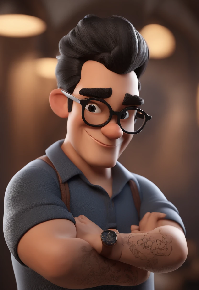 Cartoon character with black glasses and a black polo shirt, cabelo liso, With beard and old school tattoo on his arm, animation character, Caractere estilizado, animation style rendering, 3D estilizado, Arnold Maya render, 3 d render stylized, toon render keyshot, Personagem 3D, Personagem 3D, 3d rendering stylized, 3 d character render, personagem de desenho animado, Personagem de close up, Pose de personagem, (Estilo Pixar) (master part:1.2) (Bokeh) (best quality) (pele detalhada) (textura detalhada) (8k) (argila) (Cinematic lighting) (foco nítido