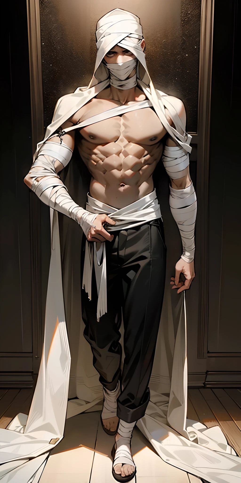 Photorealistic, ((best quality)), ((masterpiece)), (detailed), horror masculine portrait of adult model dressed up as a mummy, 50-year-old male model, evil look, dark look, powerful, mature face, sport body,slim and tall body, wearing big bulging underwear, Kneeling on the floor, big muscular chest, sexy pose ,perfect , male , correct male scrotum, perfect scrotum, male structure, short detailed hair, Sexy guy, looking at viewer, highest detail, superior quality, natural lighting, beautiful, sexy, correct anatomy, good composition, man focus,amazing composition, front view, HDR, volumetric lighting, ultra quality, elegant,vpl,the middle of the picture,Fujifilm XT3 photorealistic art by midjourney,(Best quality, 8k, Masterpiece).,highest detail, superior quality, natural lighting,realistic shapes, realistic skin tones,Natural eyes,realistic eyes,Open your eyes,Have chest hair, Have belly hair, Have pubic hair, antique mummy bandages, mummy costume, egyptian ruins, (Sarcophagus:1.4), 8k, high detailed, ultra-detailed, Stylish Pose, real skin texture, dark cinematic lighting, night, dark night,Fujifilm XT3 photorealistic art by midjourney