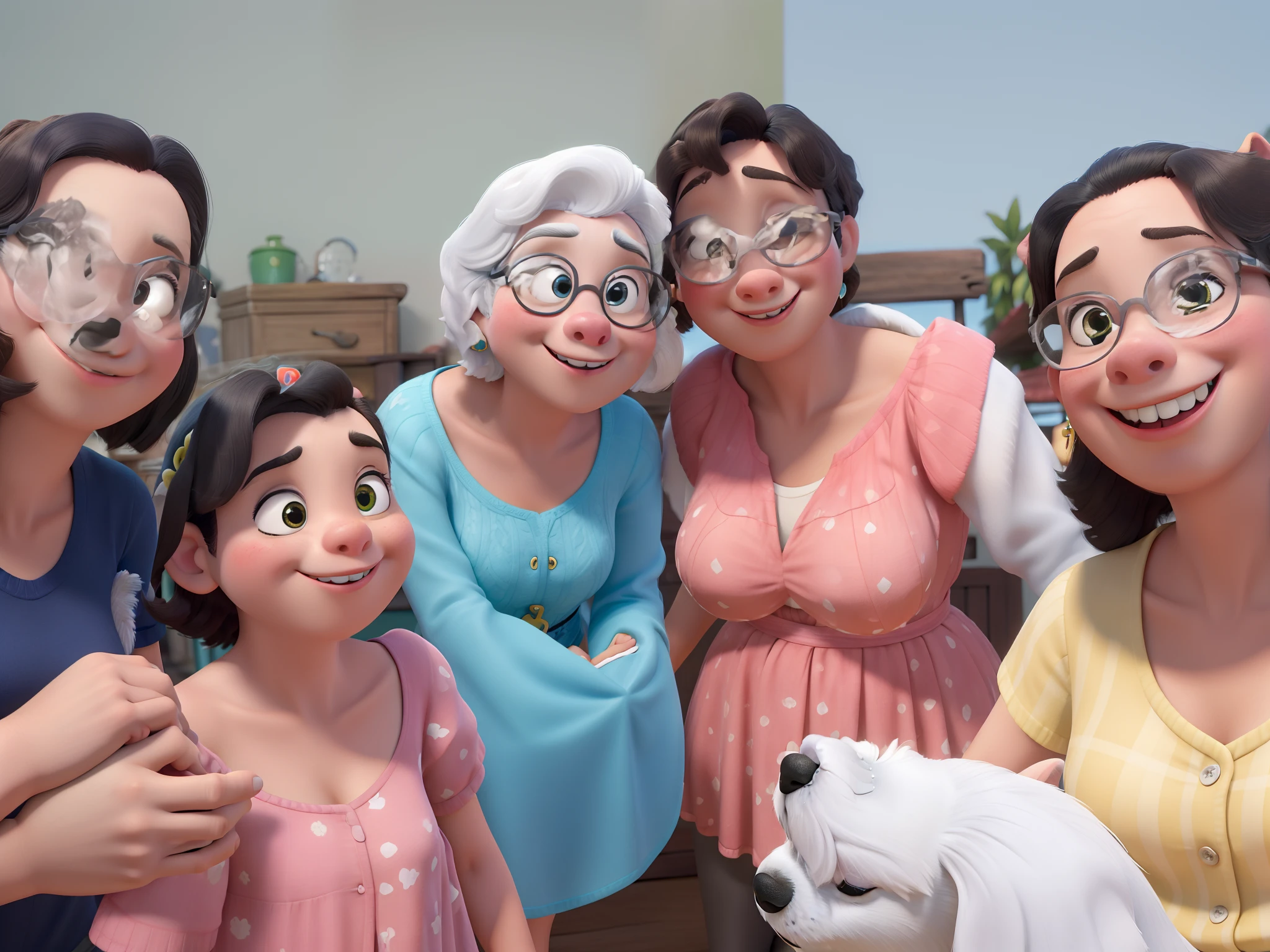 Obra-prima ao estilo Disney/Pixar in high quality and high resolution. Quatro mulheres uma delas com um cachorro schnauzer branco no colo e uma menina juntas ao ar livre