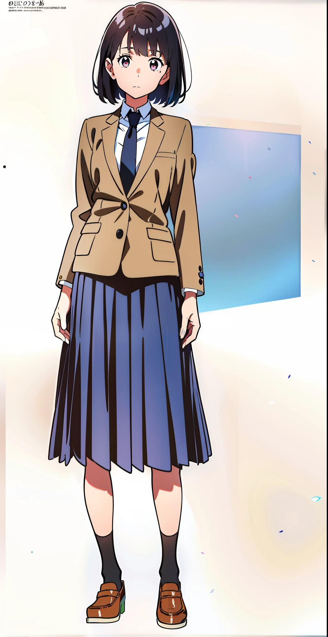 (tareme:1.0), (ideal ratio body proportions:1.1), (looking at viewer:1.0), (white background:1.5), (best quality:1.0), (masterpiece:1.0), (full body:1.0), (solo:1.0), (a 18yo cute girl:1.0), (long skirt:1.1), (dark blue skirt:1.0), (pleated skirt:1.0), (school uniform beige blazer:1.0), (dark blue necktie:1.0), (black socks:1.0), (loafers:1.0), (lanky:1.1), (tall:1.1), (slender:1.1), (small breasts:1.1), (detailed beautiful eyes:1.0), (detailed beautiful face:1.0), (glowing black eyes:1.0), (bob cut hair:1.0), (black hair:1.0)