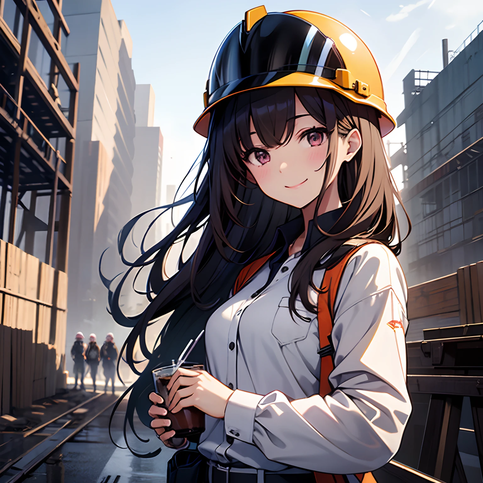 one girls、A dark-haired、Brown eye、Enlarged depiction of the upper body、masutepiece、Take a sip、超A high resolution、Working women、Work Clothes、suits、Clerk's Uniform、Construction site、Detailed Limbs、Smile and signal、Wear a protective helmet、