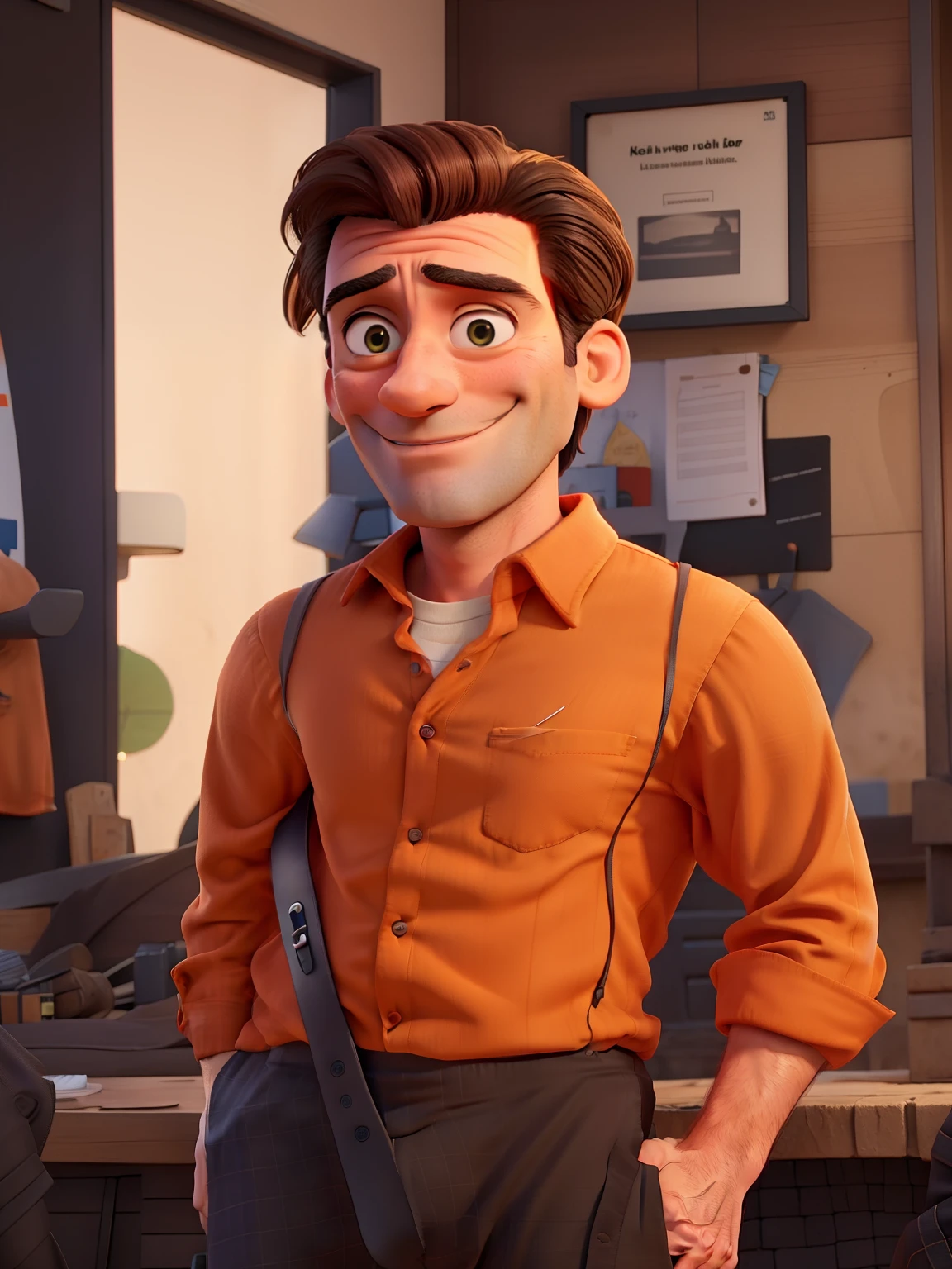 Jon Hamm dressed in an orange shirt and black pants, sorrindo e apontando para o lado com o dedo indicador