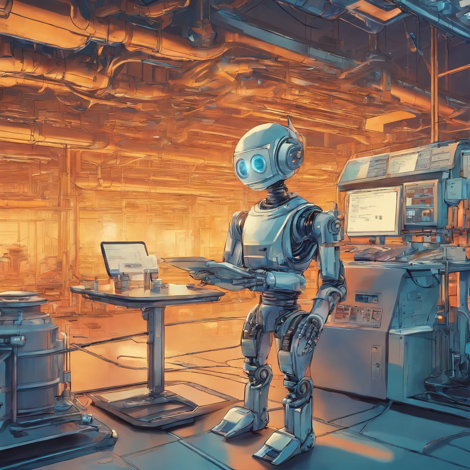 A robot employee operates a tablet in a chemical plant，Factories are fully intelligent，Modernized。There are only a small number of people in the factory，ultra-realistic realism，virtual reality，Augmented reality