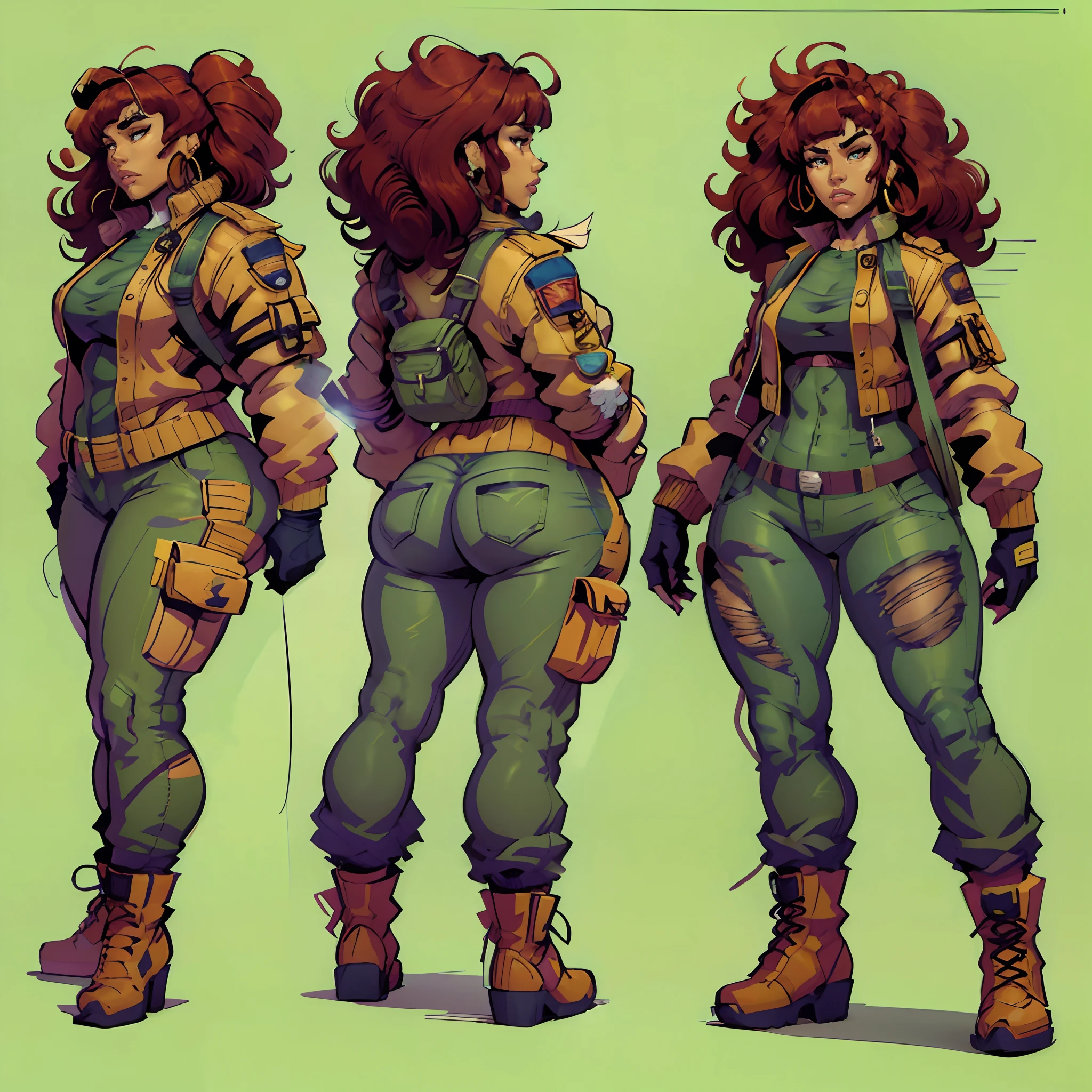 ((character concept art)), ((character design sheet, same character, front, side, back))

Close-up of a woman in a gun costume, dark brown skin, (thick thighs), wide body, (chubby), earrings, Detailed Burnt red Hair with bangs, long curly hair, video game character design, video game character design, short bomber jacket, baggy joggers, boots

Expert high detail concept art, comic book style, intricate comic book outline line work, flat colors, concept art, solid background