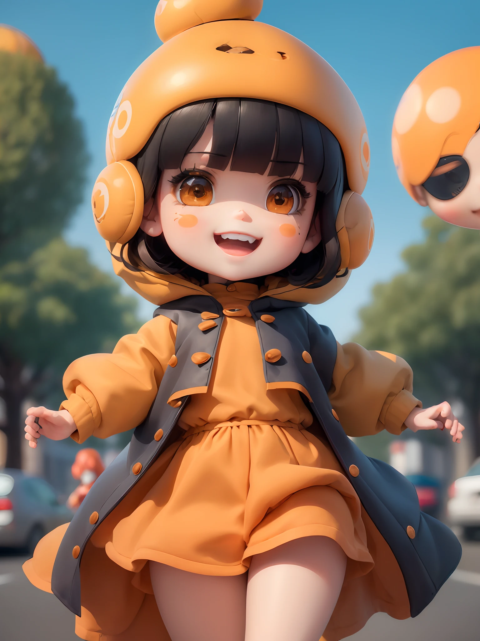 (Masterpiece), (Extreme), (Super detailed),(Body:1.9),1girl, sunshine, cute, orange, (big head:1.8), doll, smile, open mouth, city, fashion, coat, blush, tree, shirt, short hair, orange, orange headdress, blurred, long sleeves, bangs, black hair, (beautiful and detailed face), (beautiful and detailed eyes),
