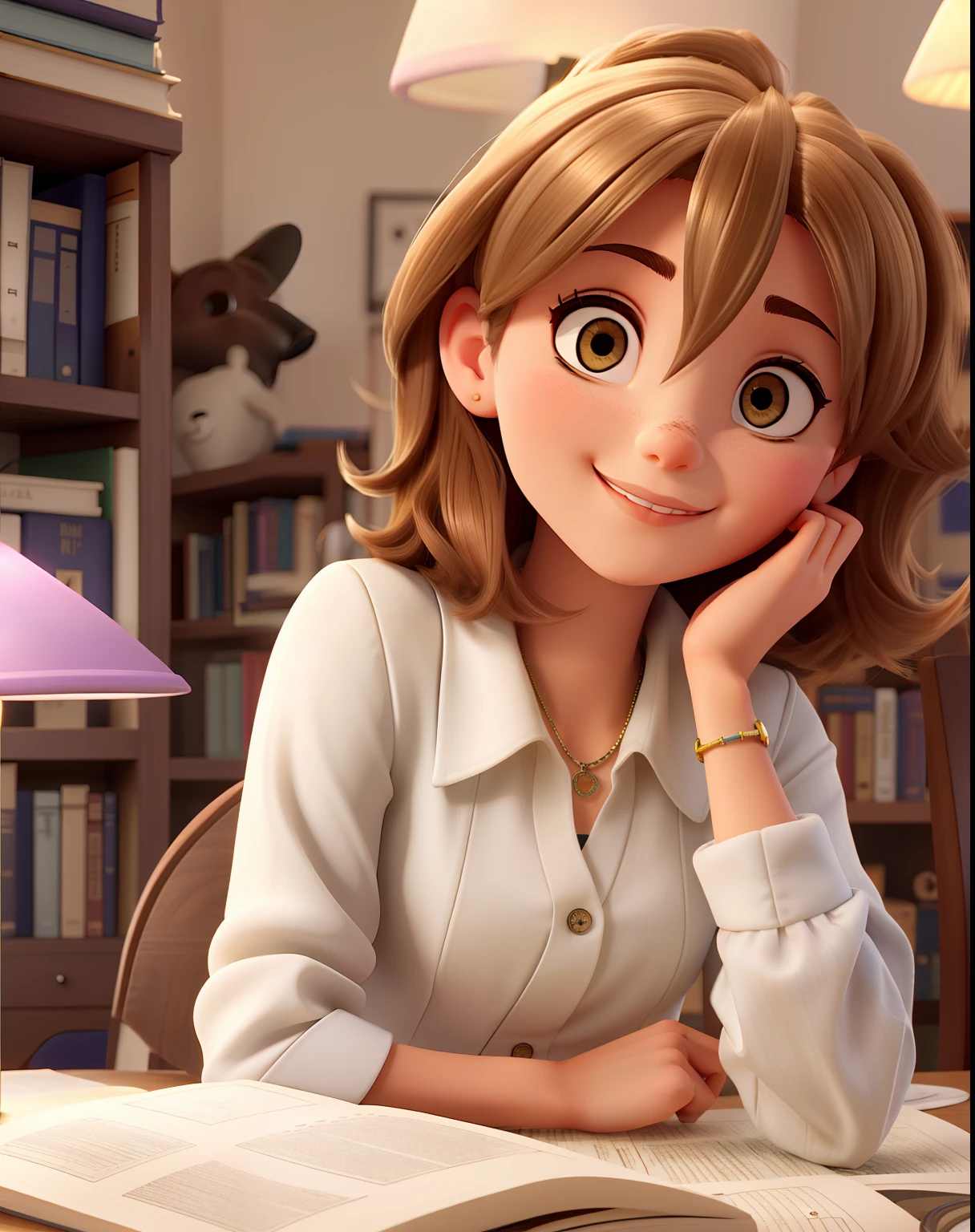 Una chica delgada con el pelo medio liso y rubio, alrededor de una silla, de 1,65 illuminated by the light of a lamp, en un despacho con una biblioteca al fondo