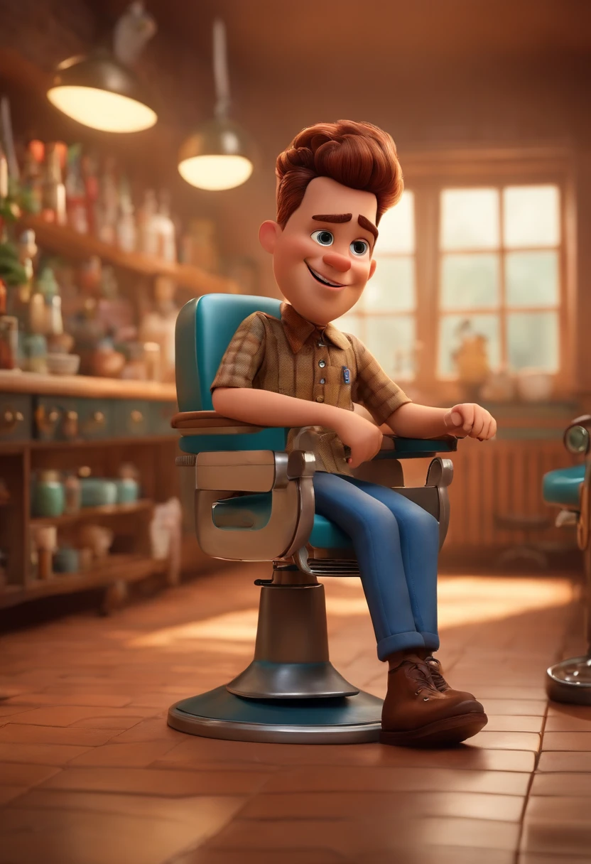 A Dream Barber Inspired by Pixar Animation, de perto. The character takes center stage with captivating facial expressions, oferecendo um toque de irrealidade, Cabelo curto e gordinho gradiente