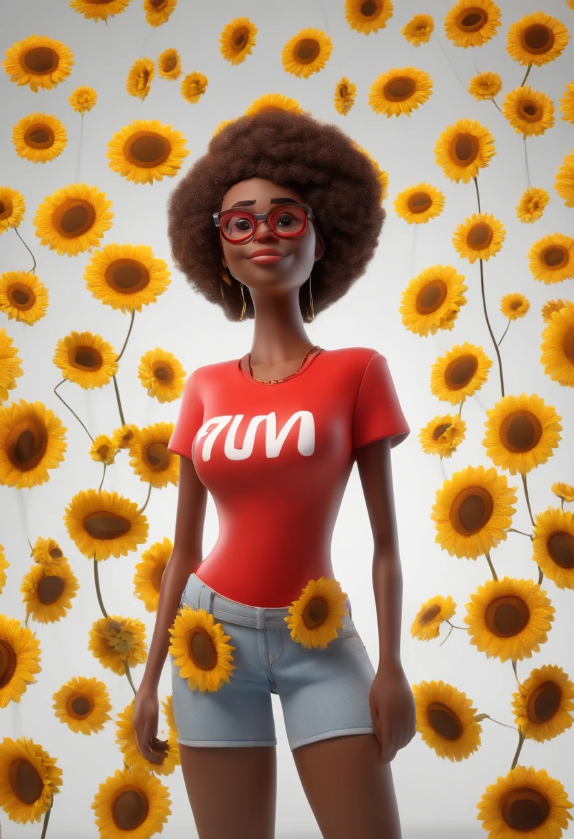 Black woman cartoon character with red eyetles and a t-shirt with a sunflower, cabelo cacheado preto na altura dos ombros, animation character, Caractere estilizado, animation style rendering, 3D estilizado, Arnold Maya render, 3 d render stylized, toon render keyshot, Personagem 3D, Personagem 3D, 3d rendering stylized, 3 d character render, personagem de desenho animado, Personagem de close up, Pose de personagem, (Estilo Pixar) (master part:1.2) (Bokeh) (best quality) (pele detalhada) (textura detalhada) (8k) (argila) (Cinematic lighting) (foco nítido