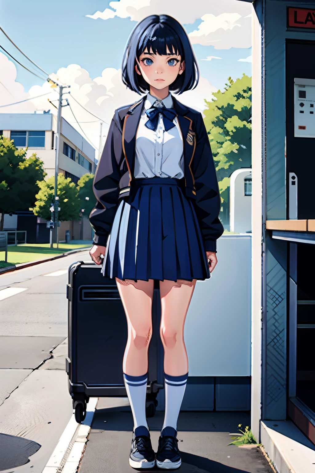 1girl, matching shoes, matching socks, dark blue hair, dark blue eyes, medium breasts, stand, standing, bob hair, high school uniform, high school backdrop, solo, beautiful detailed eyes