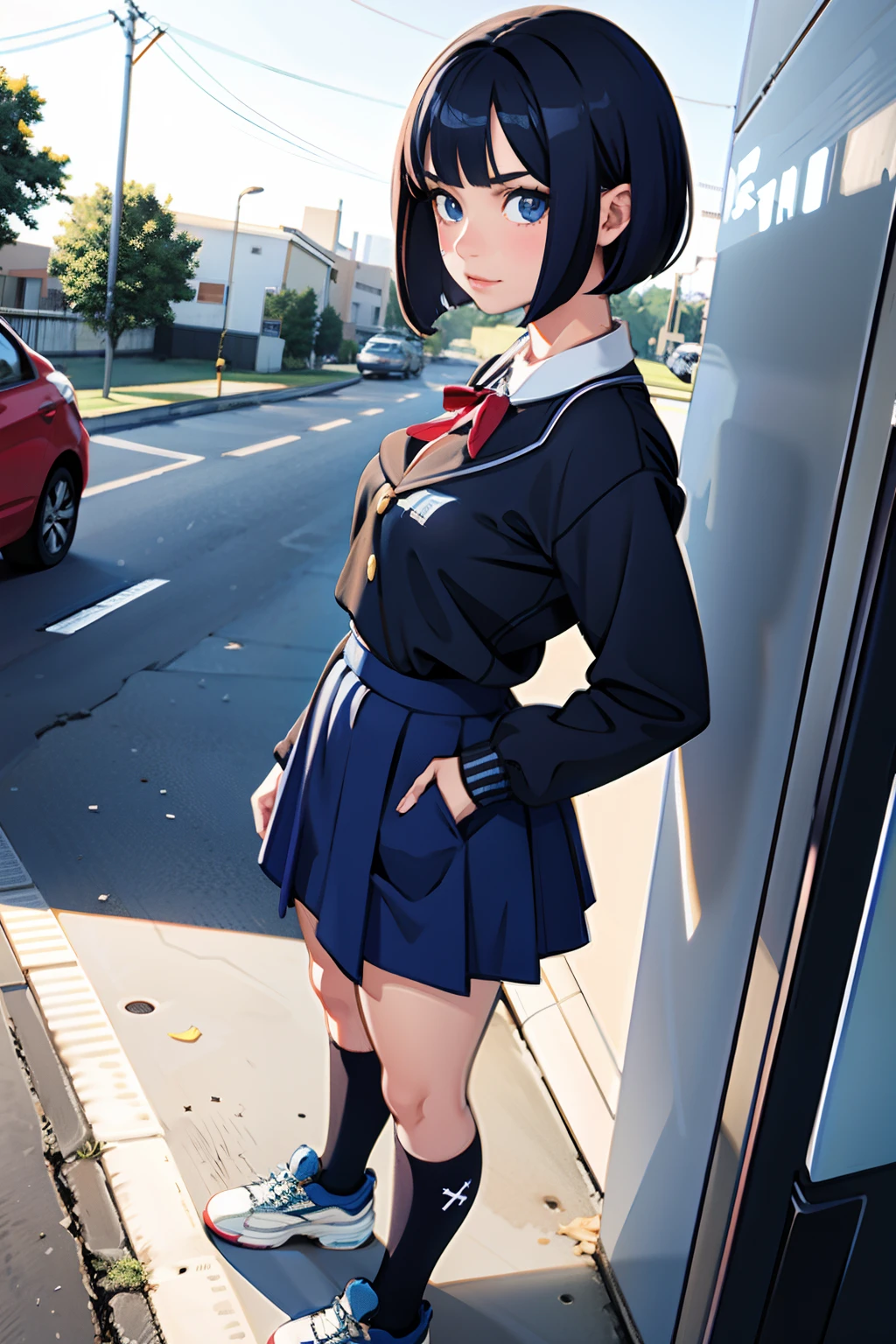 1girl, matching shoes, matching socks, dark blue hair, dark blue eyes, medium breasts, stand, standing, bob hair, high school uniform, high school backdrop, solo, beautiful detailed eyes