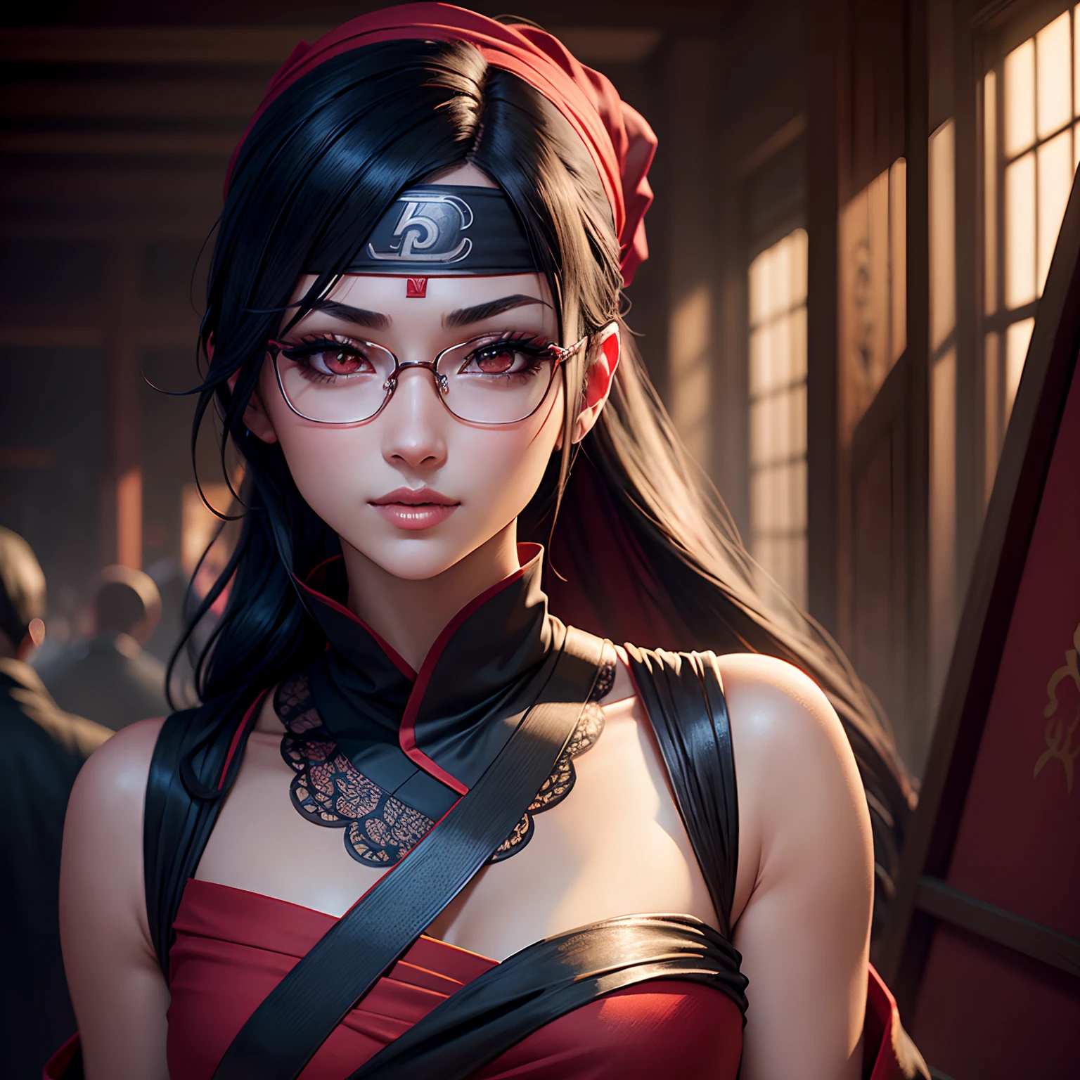 uchiha sarada, naruto shippuden, glasses, sleeveless red kimono, bandana on forehead, masterpiece, solo, full body (best quality, perfect detailed, beautifully detailed face, detailed eyes), bright shiny, ray tracing, DOF, HDR, gradient eyes, sharp eyelashes, ((eyelashes)), mascara, detail_face, eyelashes, shiny hair, flirting, sexy smile, lips parted, best quality, (highly detailed background: 1.2), extremely beautiful, immensely beautiful, extraorinally beautiful, realistic, masterpiece, best quality, top quality, gothic lighting, dark look, perfect body, extremely sexy, immensely seductive, macabre scenery, blood, gigane moon full body