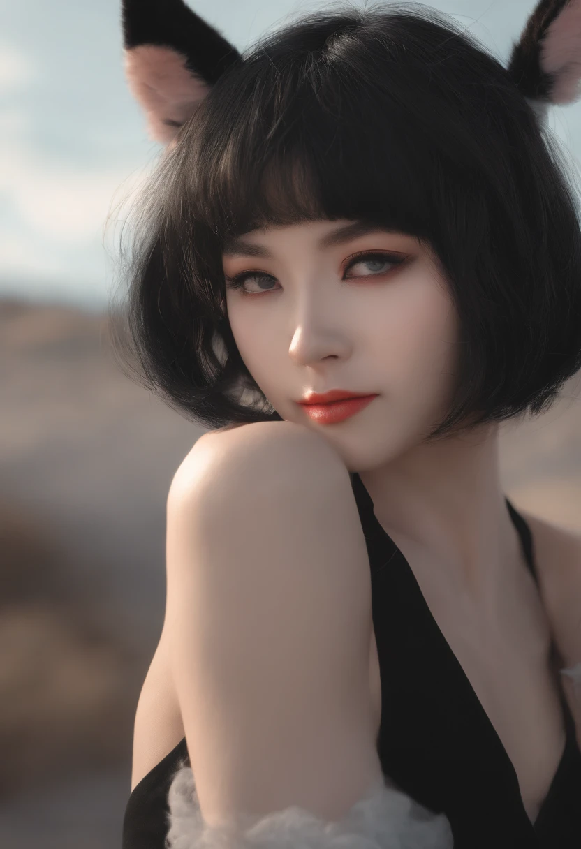 black hair, hair bobbles, wince, longeyelashes, solid circle eyes, fake animal ears, light smile, ear blush, fang, Surrealism, drop shadow, anaglyph, stereogram, tachi-e, pov, atmospheric perspective, 8k, super detail, ccurate, best quality