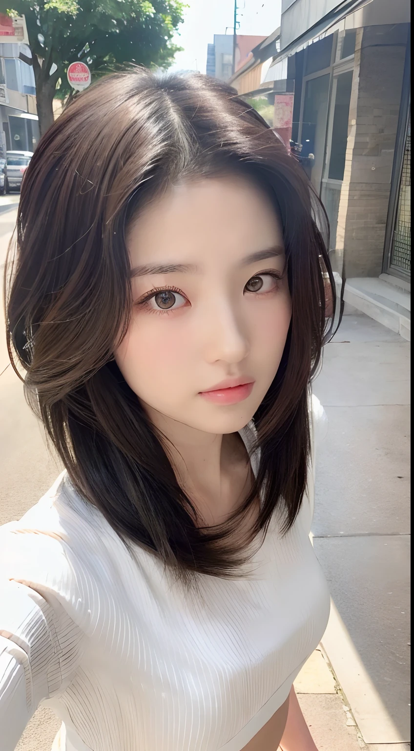 ((Best Quality, 8K, masutepiece: 1.3)), sharp: 1.2, Perfect Body Beauty: 1.4, Slim abs: 1.2, ((Layered hairstyle, :1.2)), (White tight shirt: 1.1), (Street: 1.2), Highly detailed face and skin texture, Detailed eyes, Double eyelids, Looking at the camera,