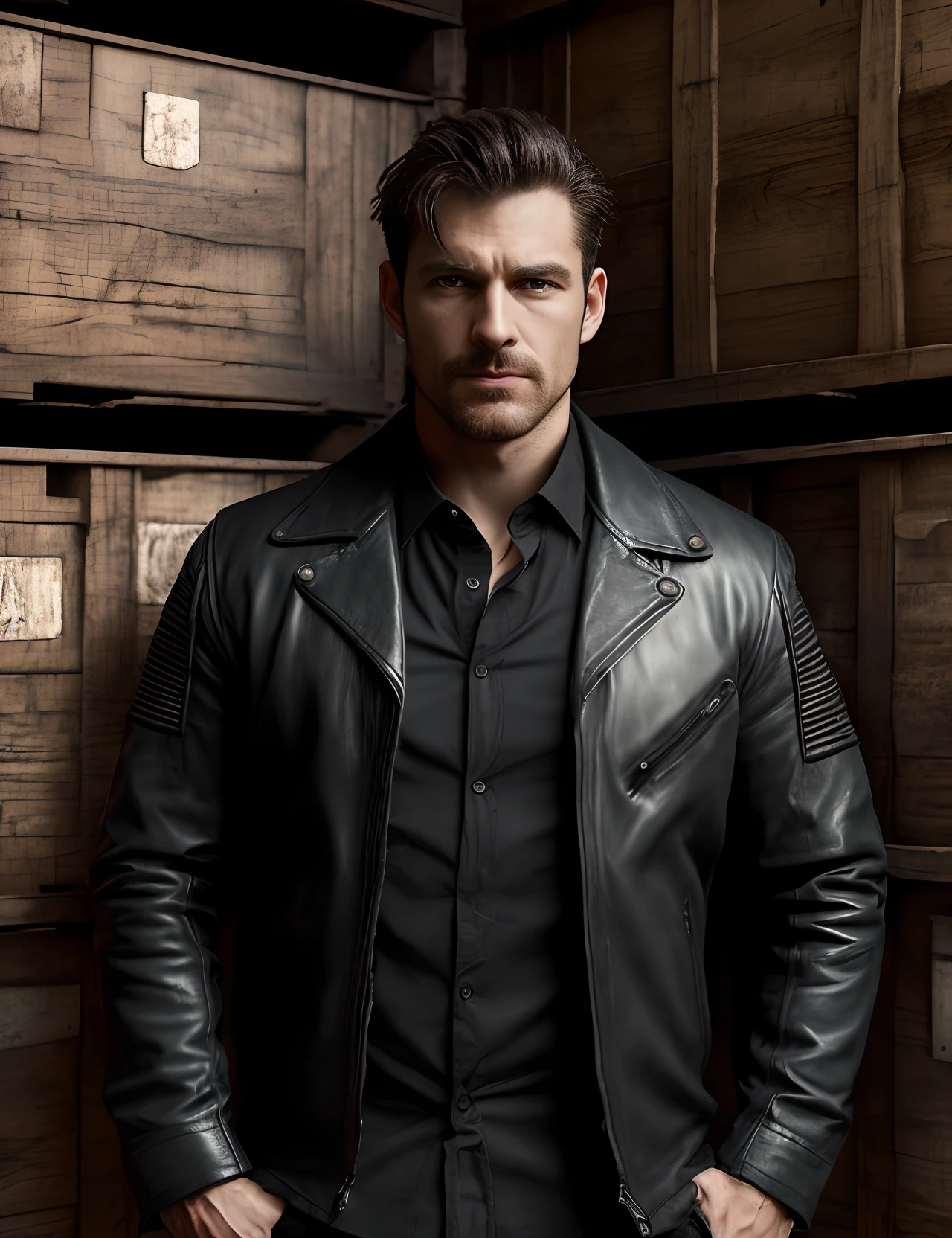 ((open mouth)), (closed eyes)) portrait, (absurd res, high res, ultra detailed), 1 male, adult, handsome, tall muscular guy, broad shoulders, blonde long hair, red eyes, finely detailed eyes, looking at viewer, solo, no background, detailed face, smirk, renegade, rugged dark leather clothes, small leather pouch, high fantasy medieval setting, smuggler hideout background, stealth, undercover, (crates in background), shadows, fog, (dutch angle), ((portrait)), black shirt, black jacket