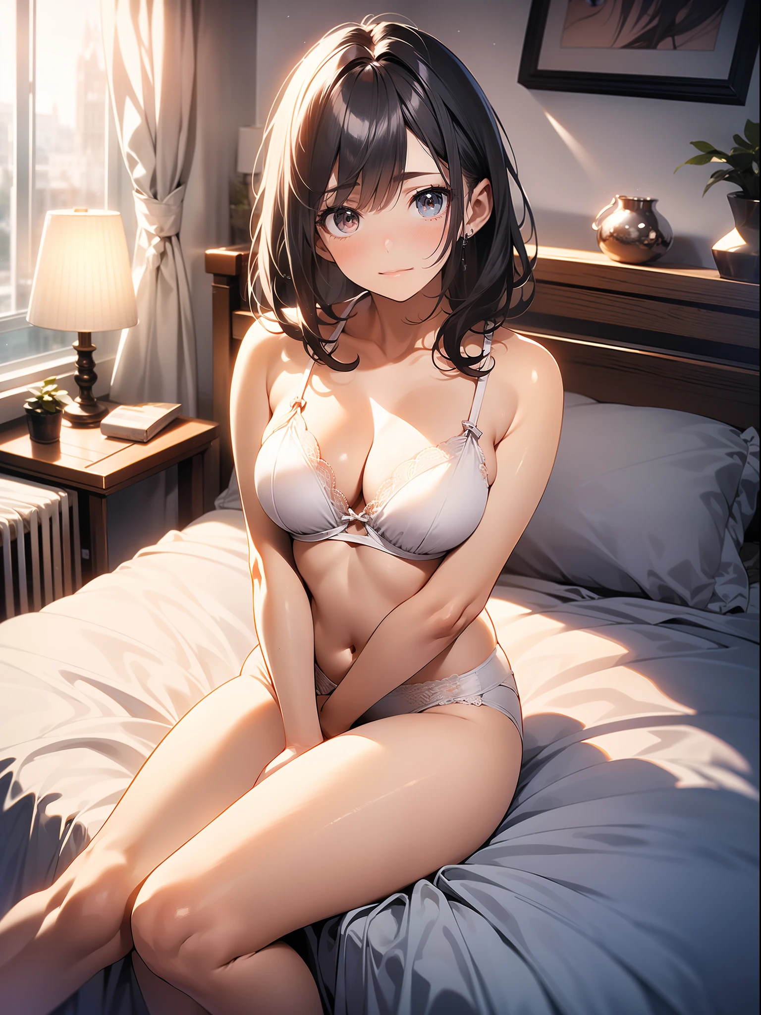 in 8K、top-quality、masterpiece、ultra-detailliert、Ultra-high resolution、((1 persons))、girl with、A dark-haired、Straight Long、Medium chest、(((on the beds)))、Red face、White underwear、hiding chest with hands、big eye